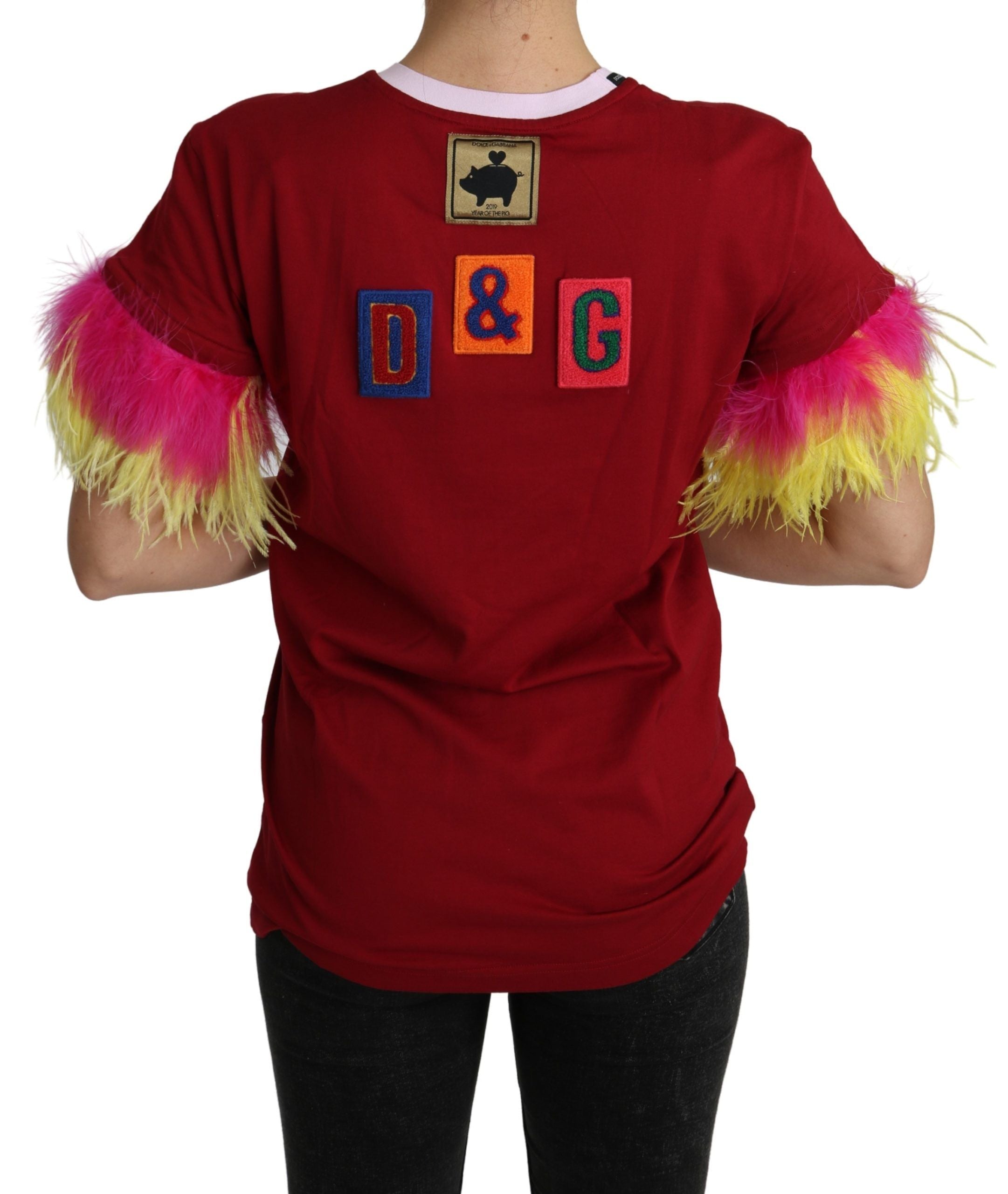 Dolce & Gabbana Red Pig Print Feather Sleeves T-shirt Top Dolce & Gabbana