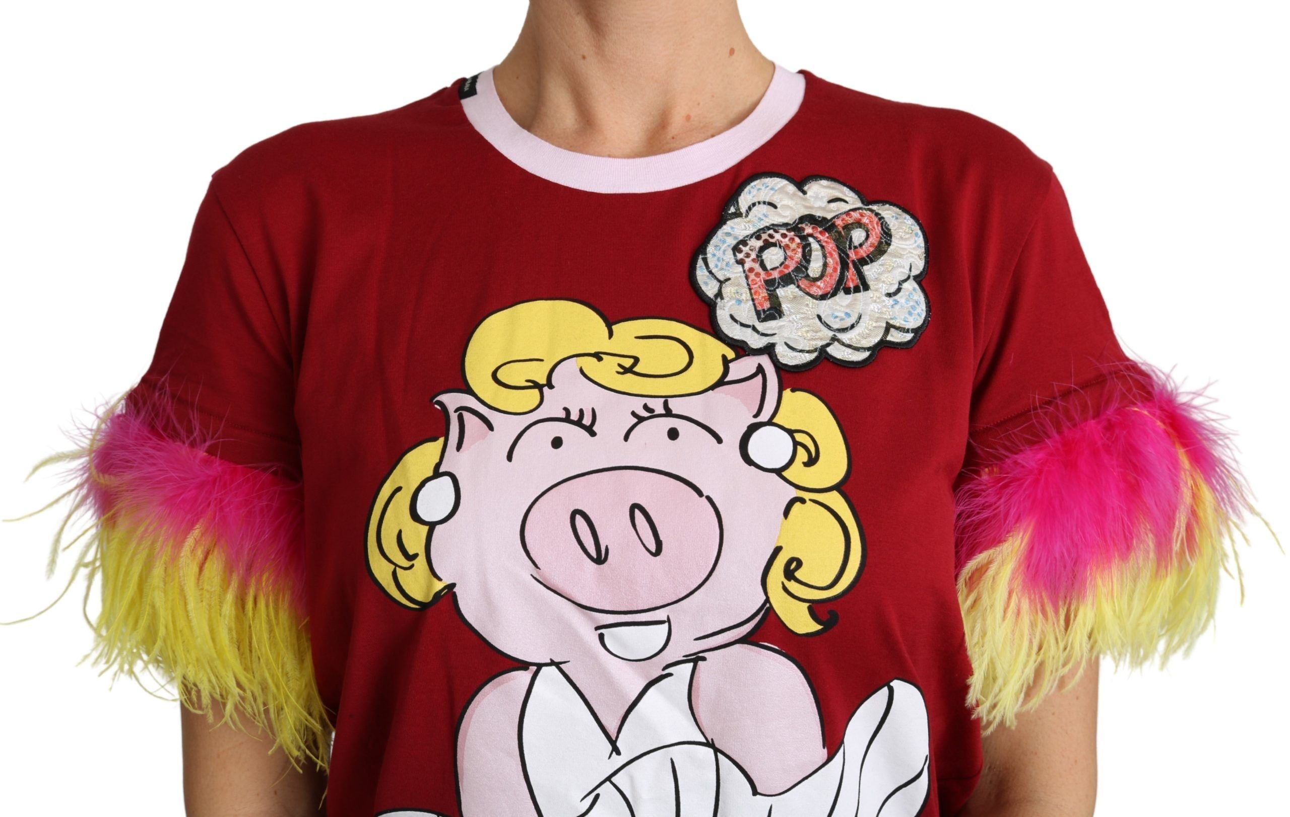 Dolce & Gabbana Red Pig Print Feather Sleeves T-shirt Top Dolce & Gabbana