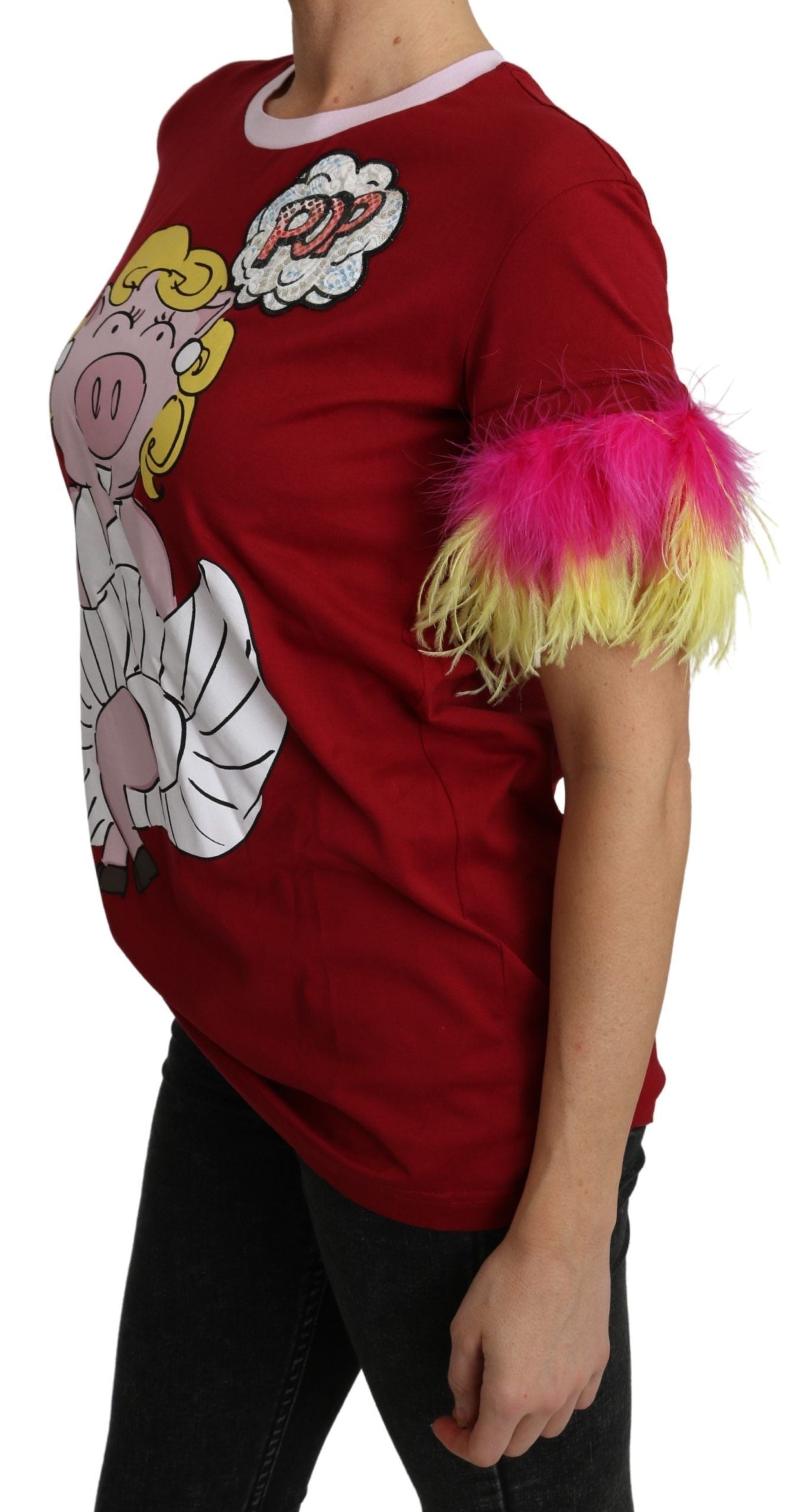 Dolce & Gabbana Red Pig Print Feather Sleeves T-shirt Top Dolce & Gabbana