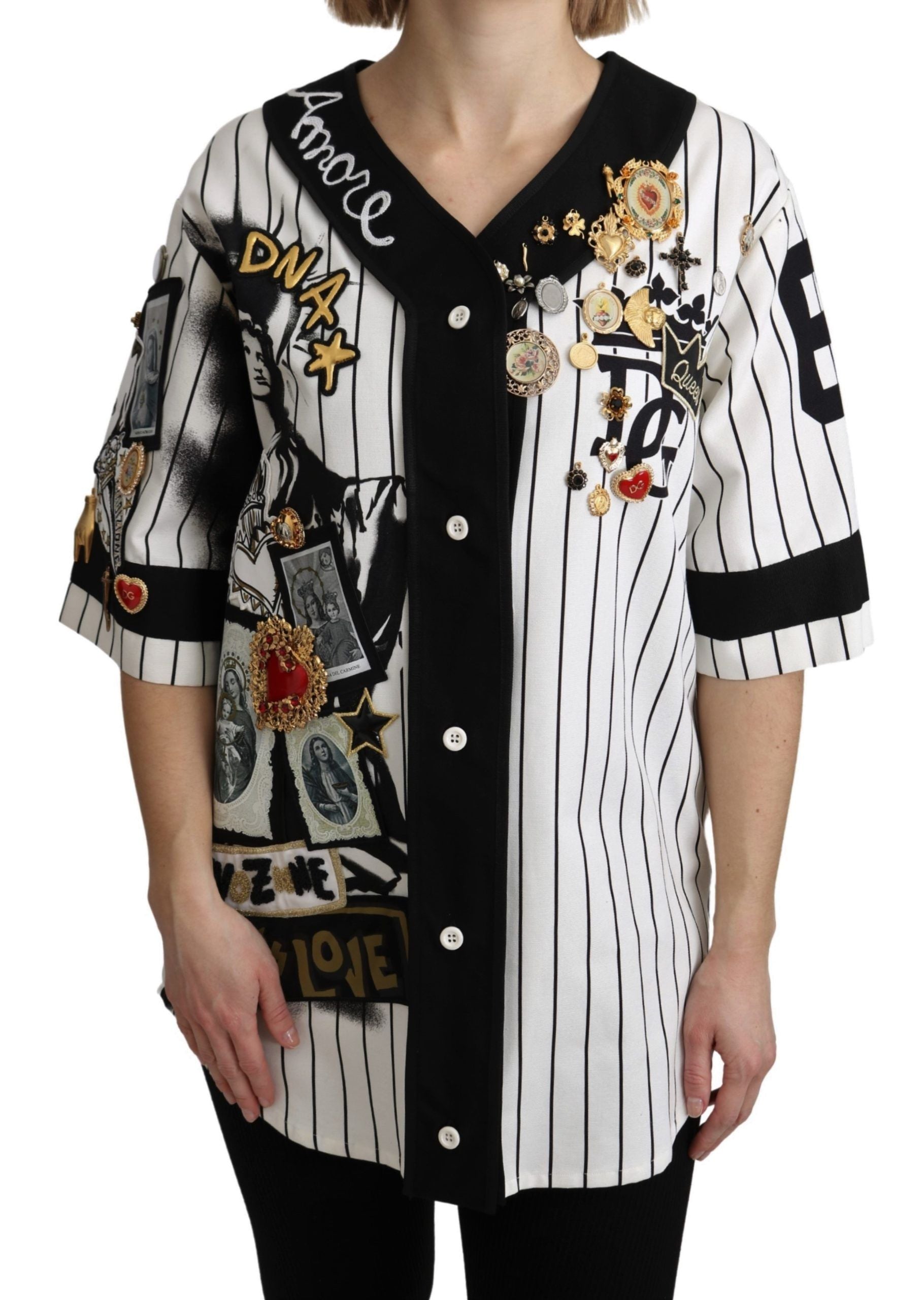 Dolce & Gabbana White and black Blouse Cotton Crystal Charms Amore Shirt Dolce & Gabbana