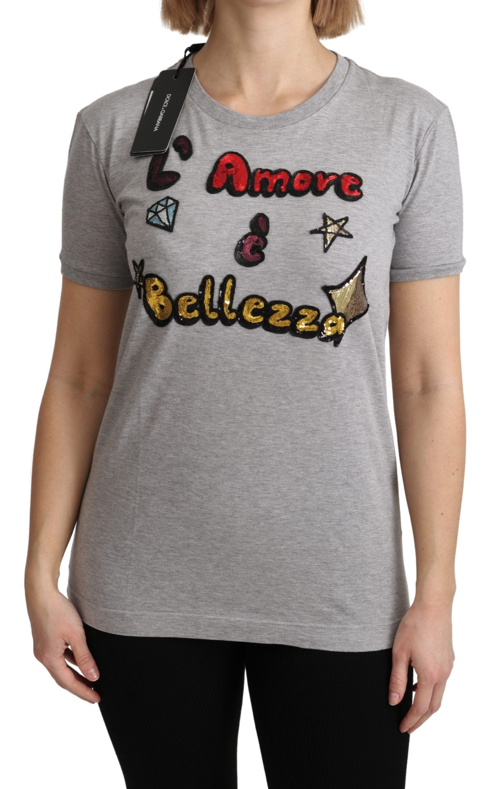 Dolce & Gabbana Gray Cotton Amore e Bellezza Top T-shirt Dolce & Gabbana