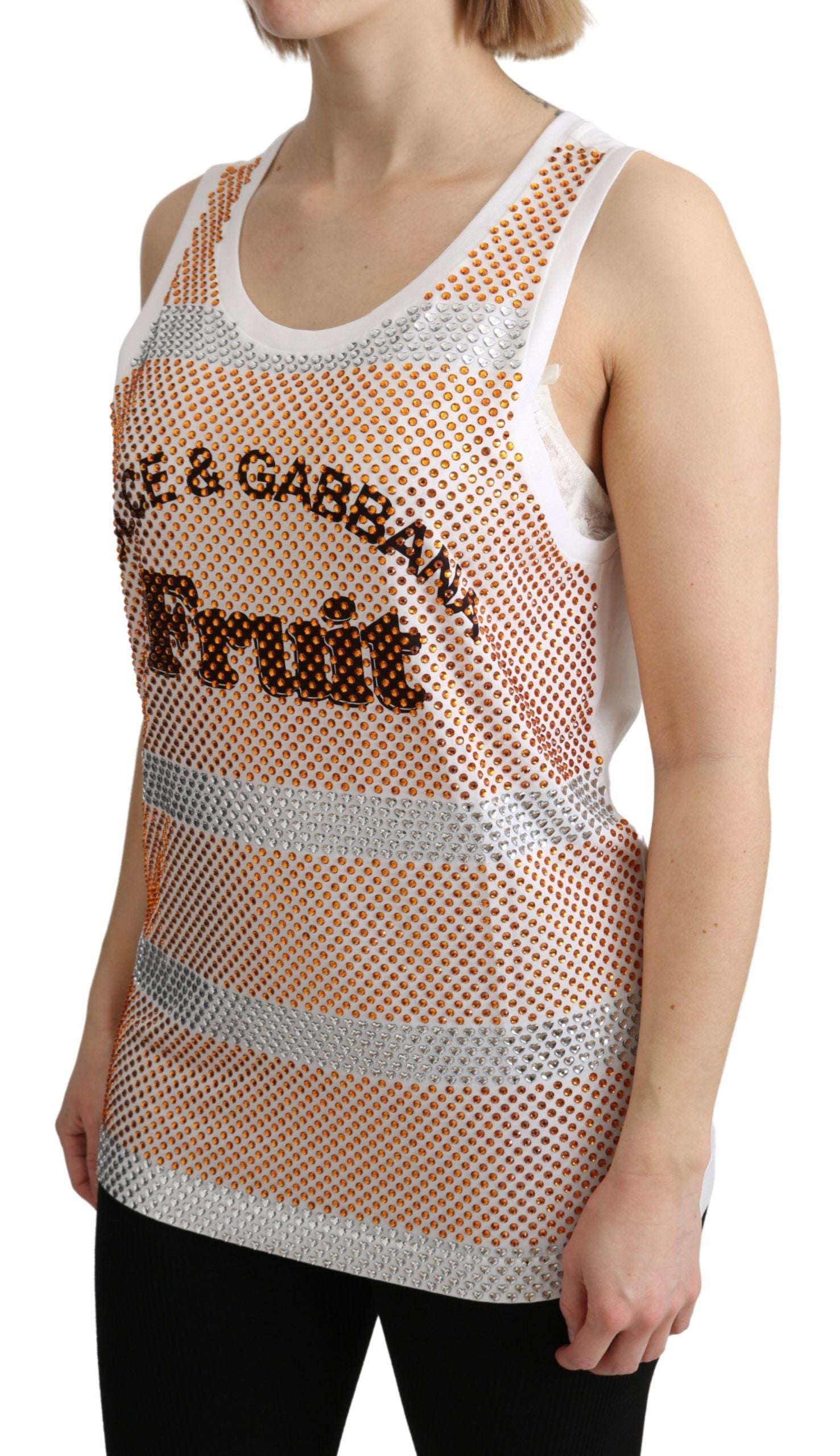 Dolce & Gabbana White Orange Crystal Sleeveless Tank Cotton Top Dolce & Gabbana