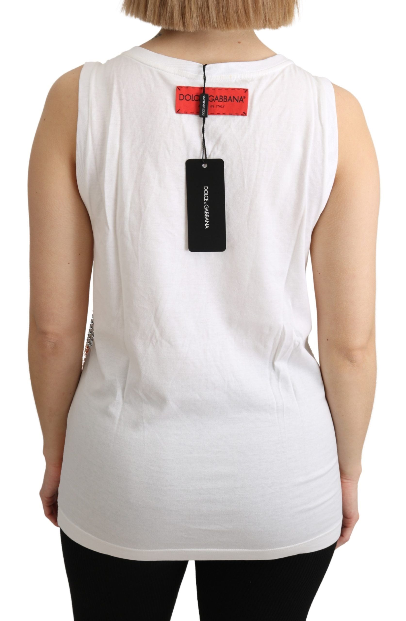 Dolce & Gabbana White Orange Crystal Sleeveless Tank Cotton Top Dolce & Gabbana