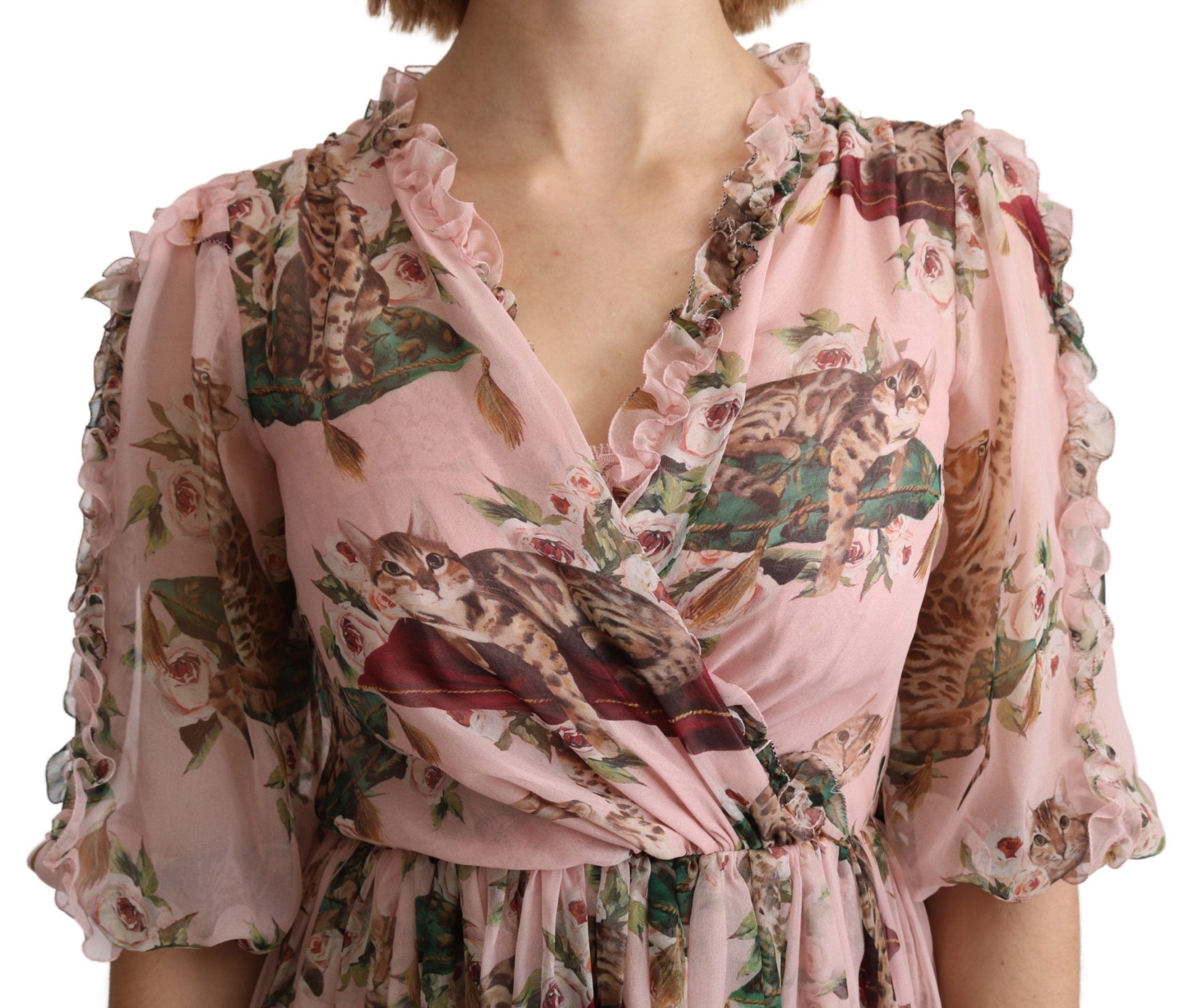 Dolce & Gabbana Pink Bengal Cat Print A-line Maxi Silk  Dress Dolce & Gabbana