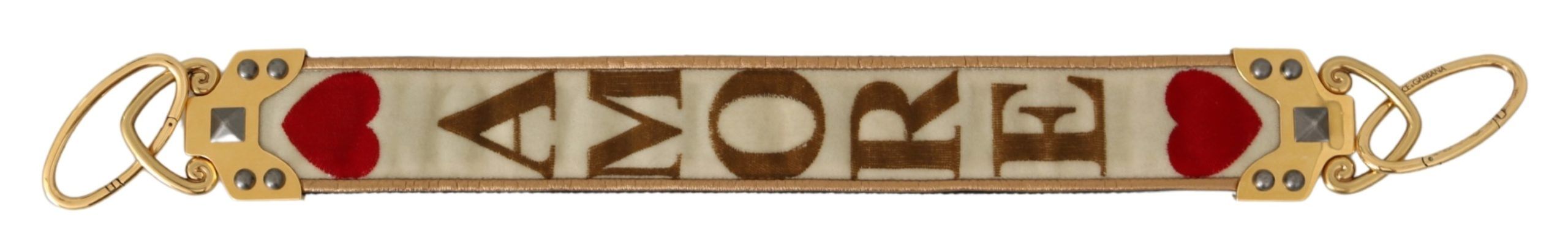 Dolce & Gabbana Gold White Textile Leather AMORE Shoulder Strap Dolce & Gabbana