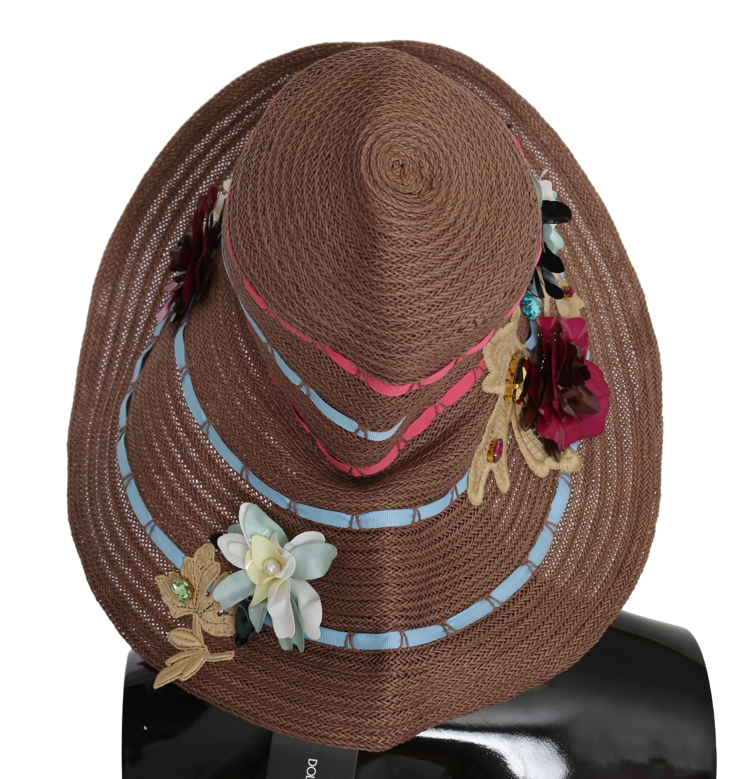 Dolce & Gabbana Brown Floral Wide Brim Straw Floppy Cap Hat Dolce & Gabbana