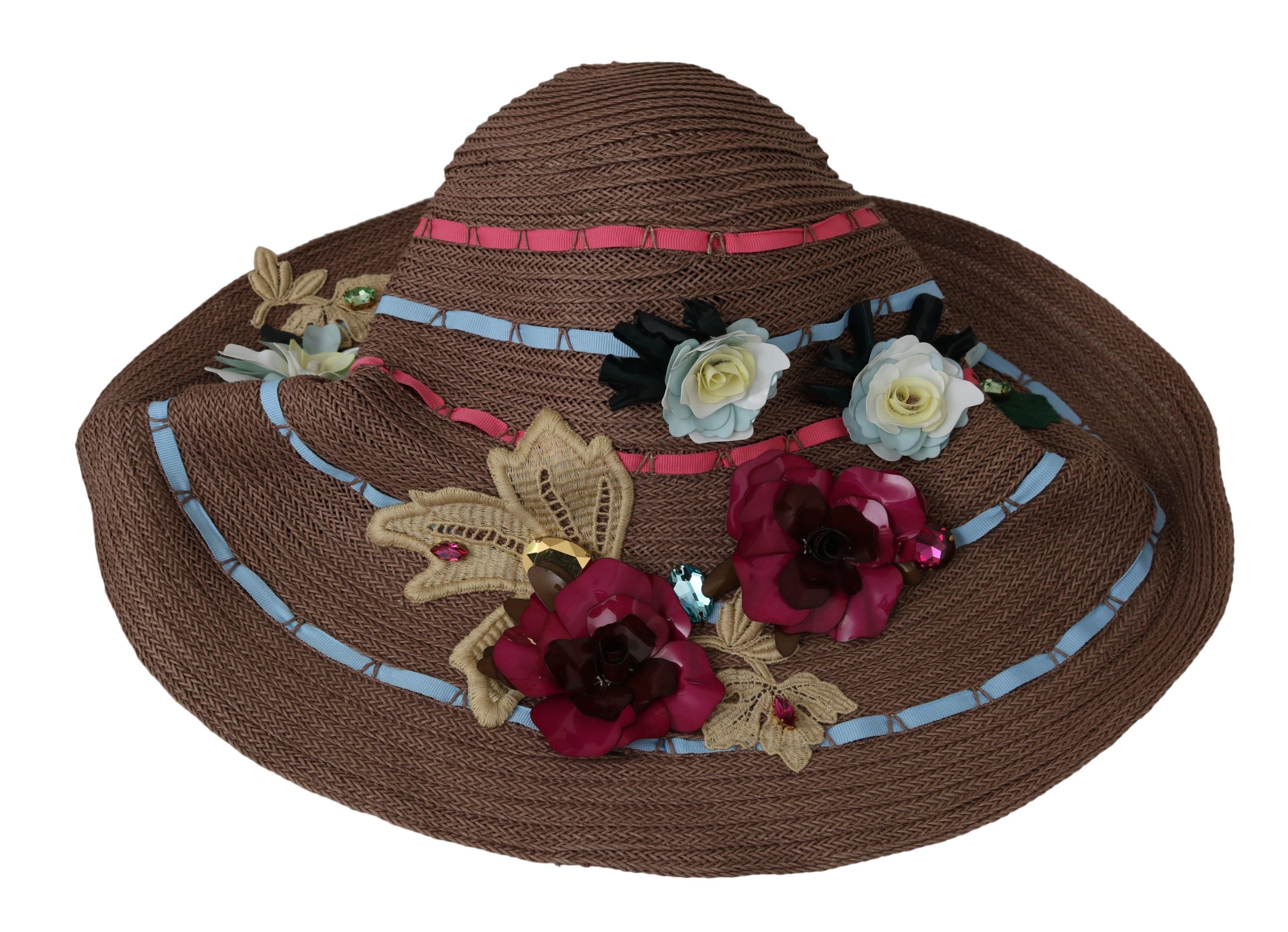 Dolce & Gabbana Brown Floral Wide Brim Straw Floppy Cap Hat Dolce & Gabbana