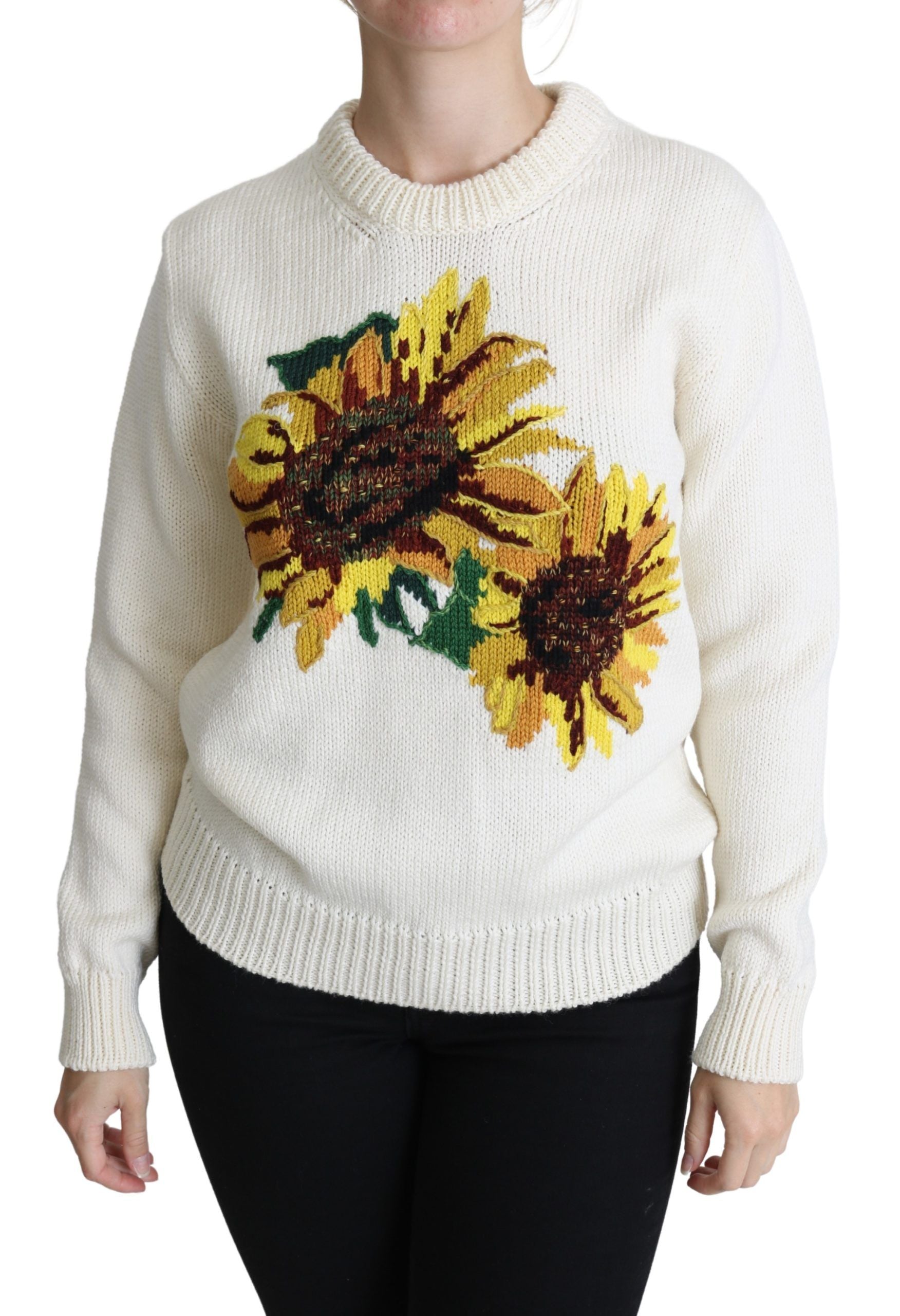 Dolce & Gabbana White Floral Wool Pullover Sunflower Sweater Dolce & Gabbana