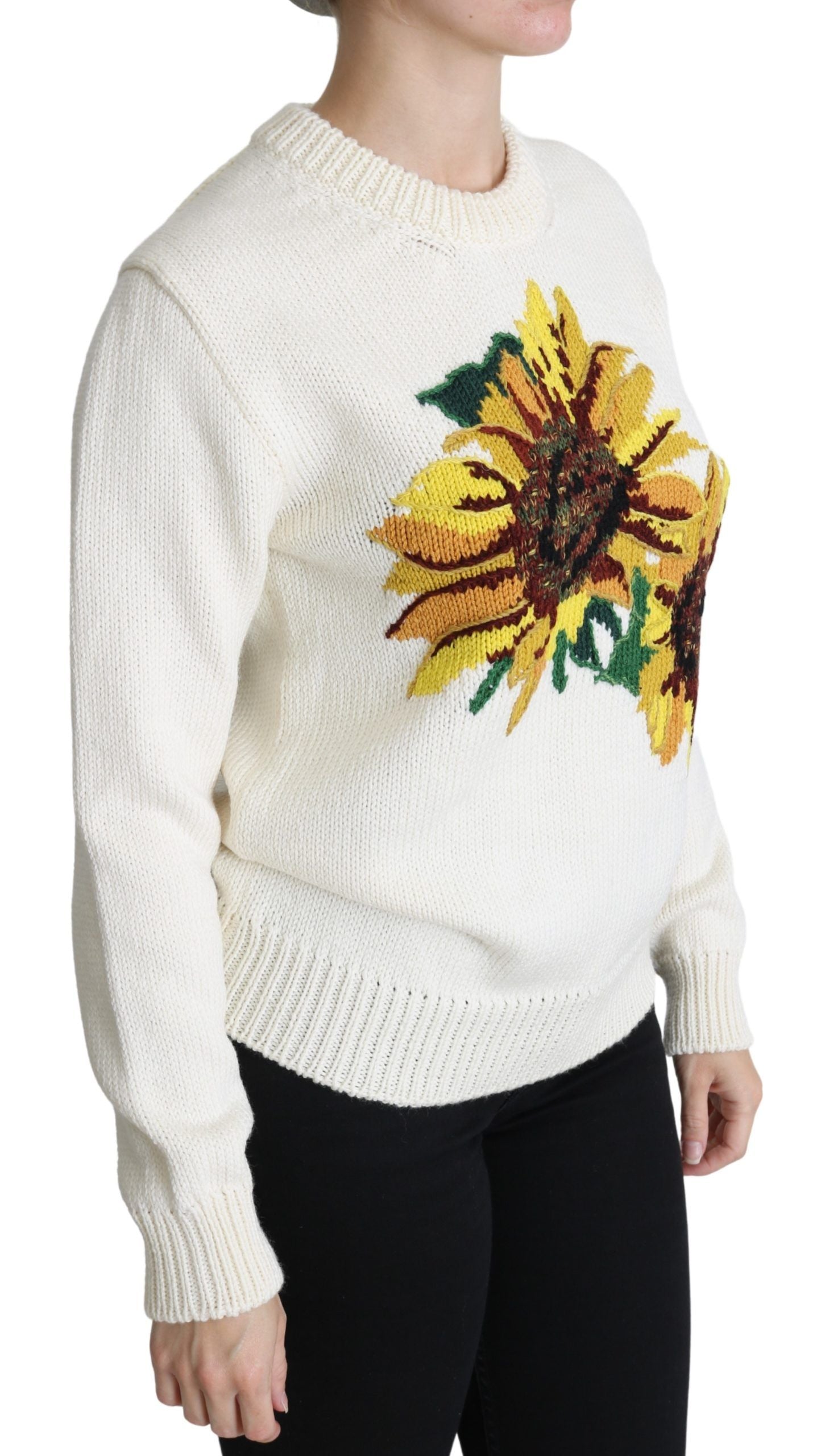 Dolce & Gabbana White Floral Wool Pullover Sunflower Sweater Dolce & Gabbana