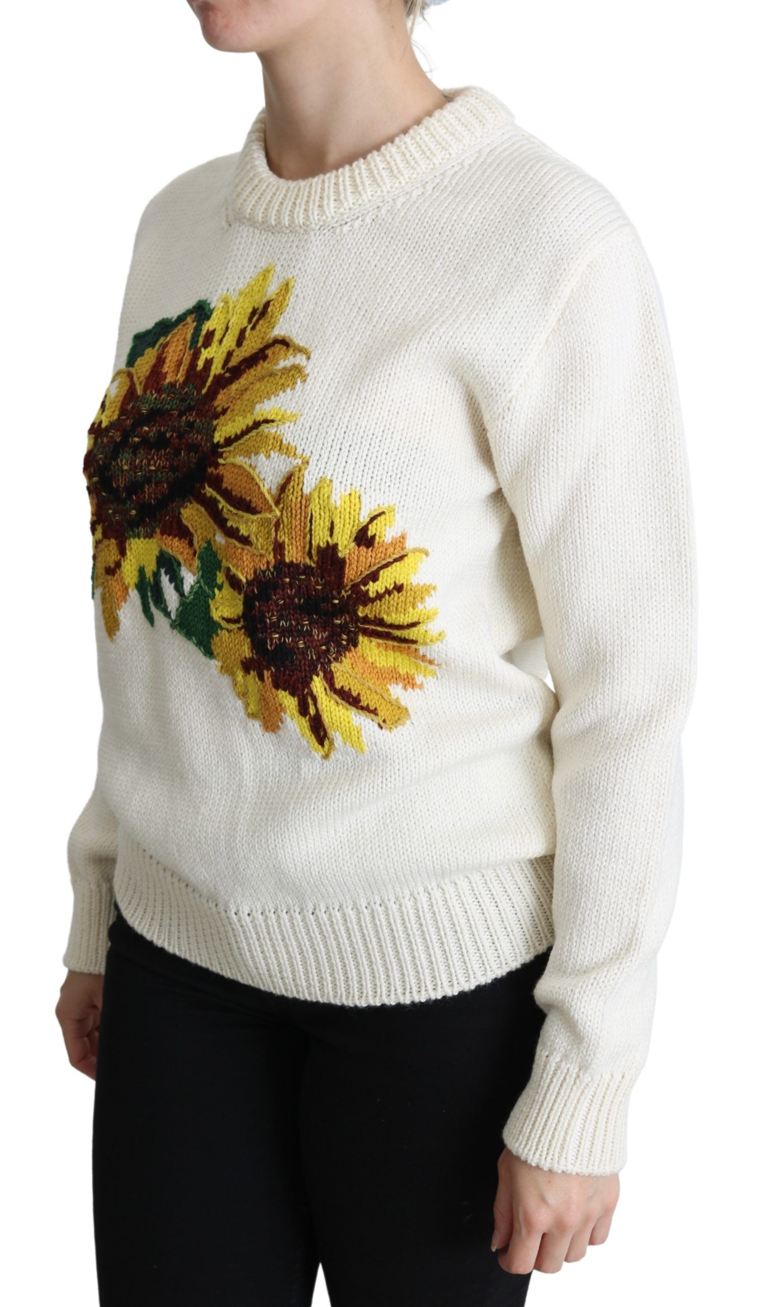 Dolce & Gabbana White Floral Wool Pullover Sunflower Sweater Dolce & Gabbana