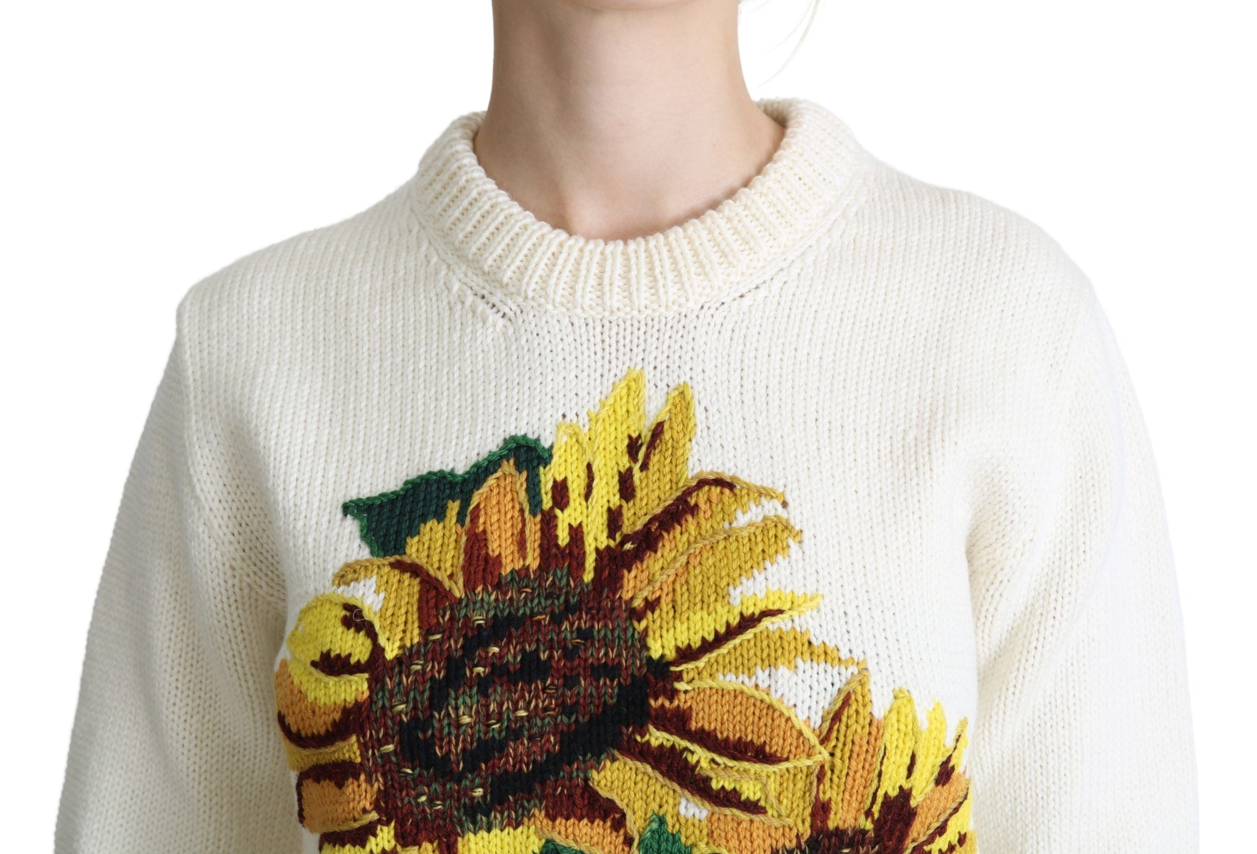 Dolce & Gabbana White Floral Wool Pullover Sunflower Sweater Dolce & Gabbana