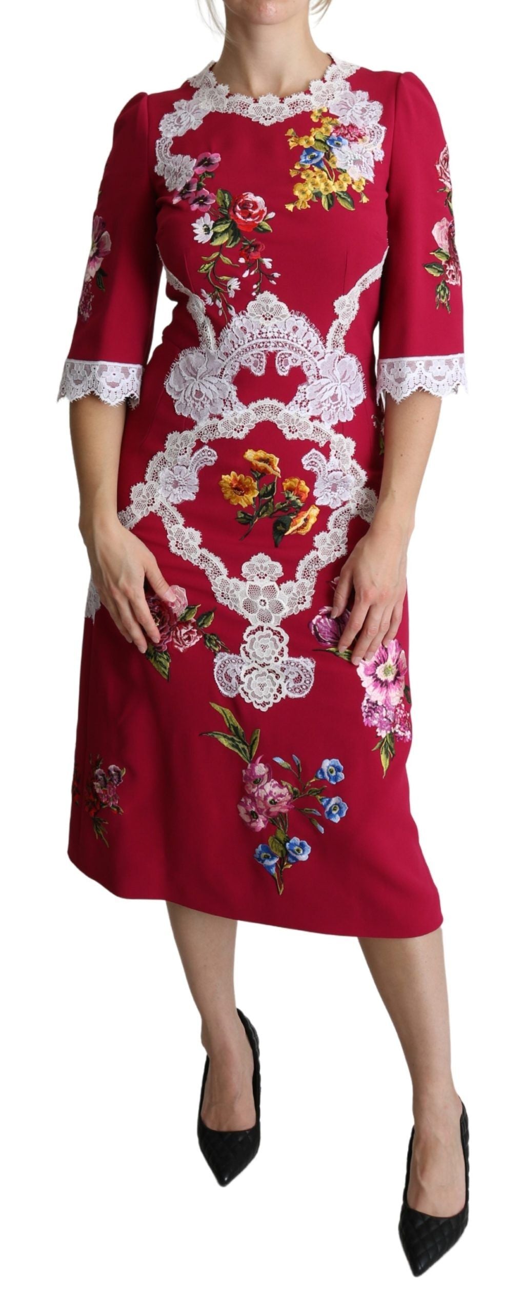 Dolce & Gabbana Red Floral Embroidered Sheath Midi Dress Dolce & Gabbana