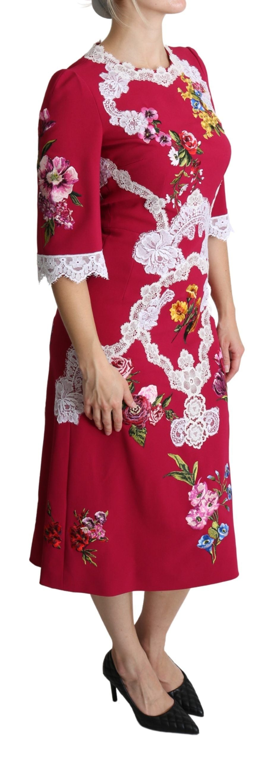 Dolce & Gabbana Red Floral Embroidered Sheath Midi Dress Dolce & Gabbana
