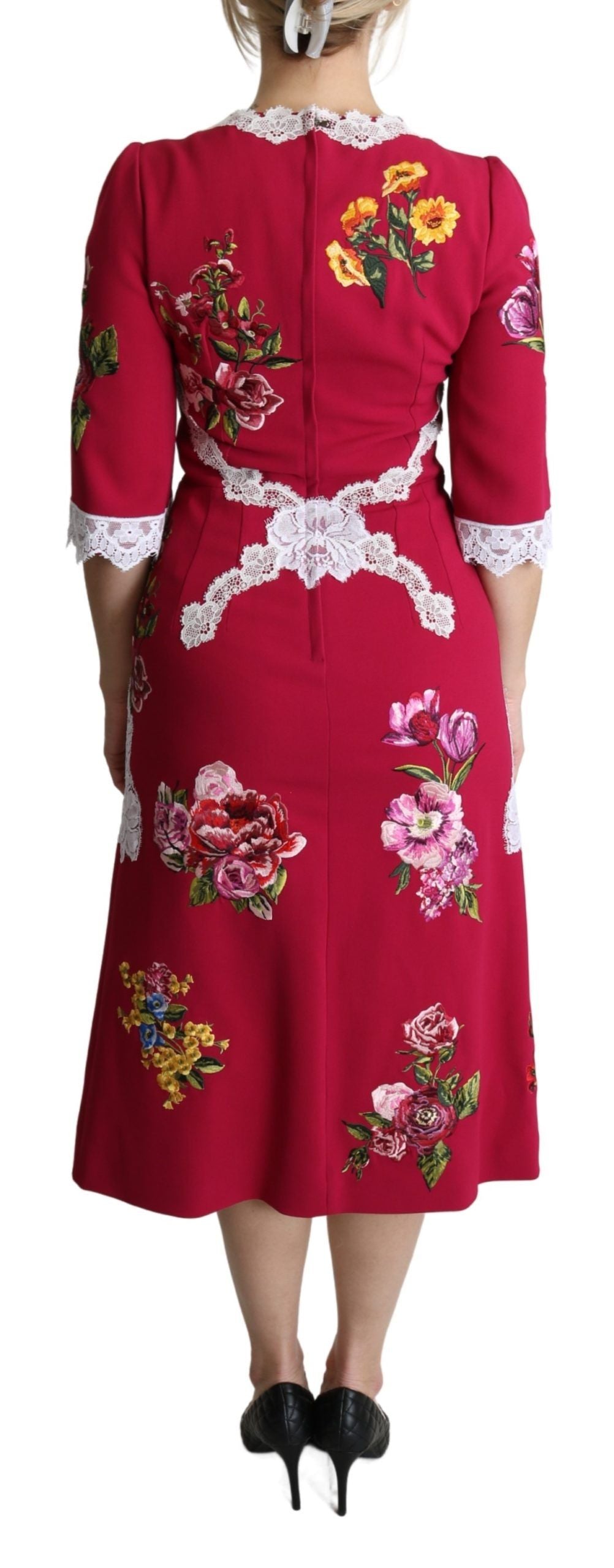 Dolce & Gabbana Red Floral Embroidered Sheath Midi Dress Dolce & Gabbana