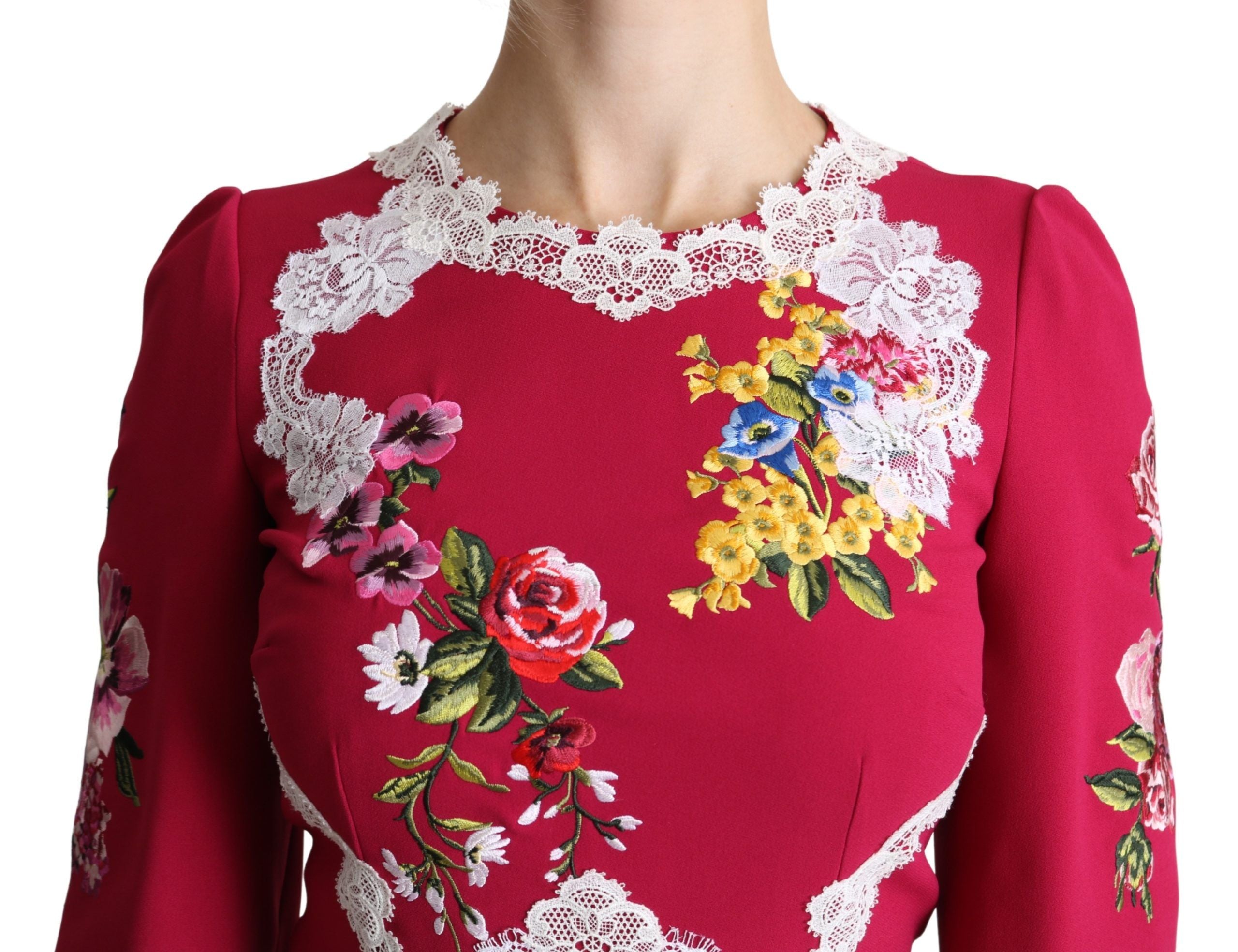 Dolce & Gabbana Red Floral Embroidered Sheath Midi Dress Dolce & Gabbana