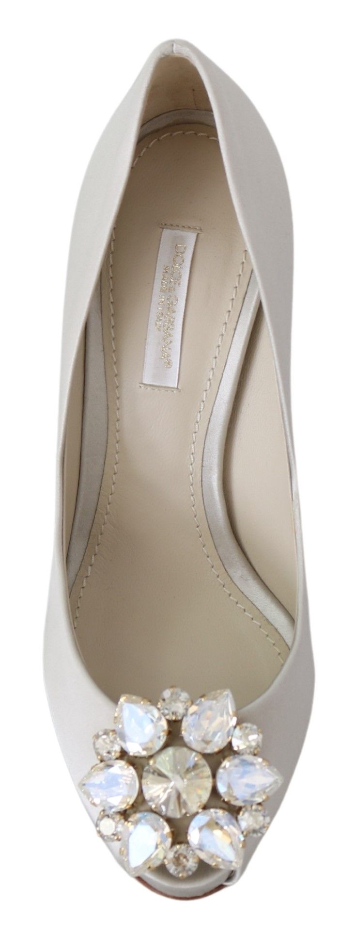 Dolce & Gabbana White Crystals Peep Toe Heels Satin Pumps Shoes Dolce & Gabbana