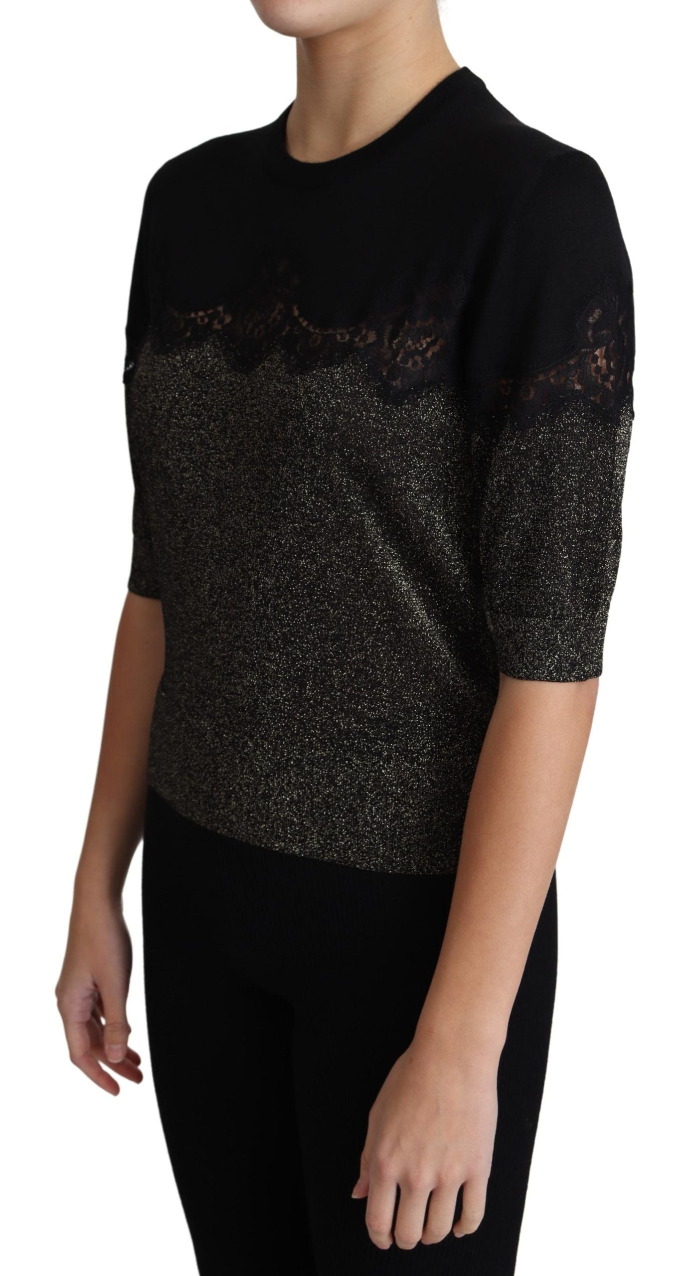 Dolce & Gabbana Black Shiny Lurex Lace Insert Pullover Top Dolce & Gabbana