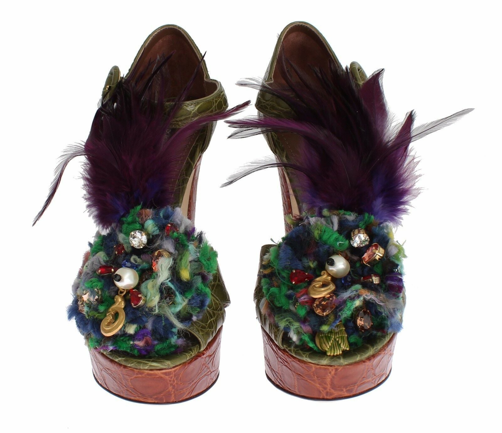 Dolce & Gabbana Green Leather Crystal Platform Sandal Shoes Dolce & Gabbana
