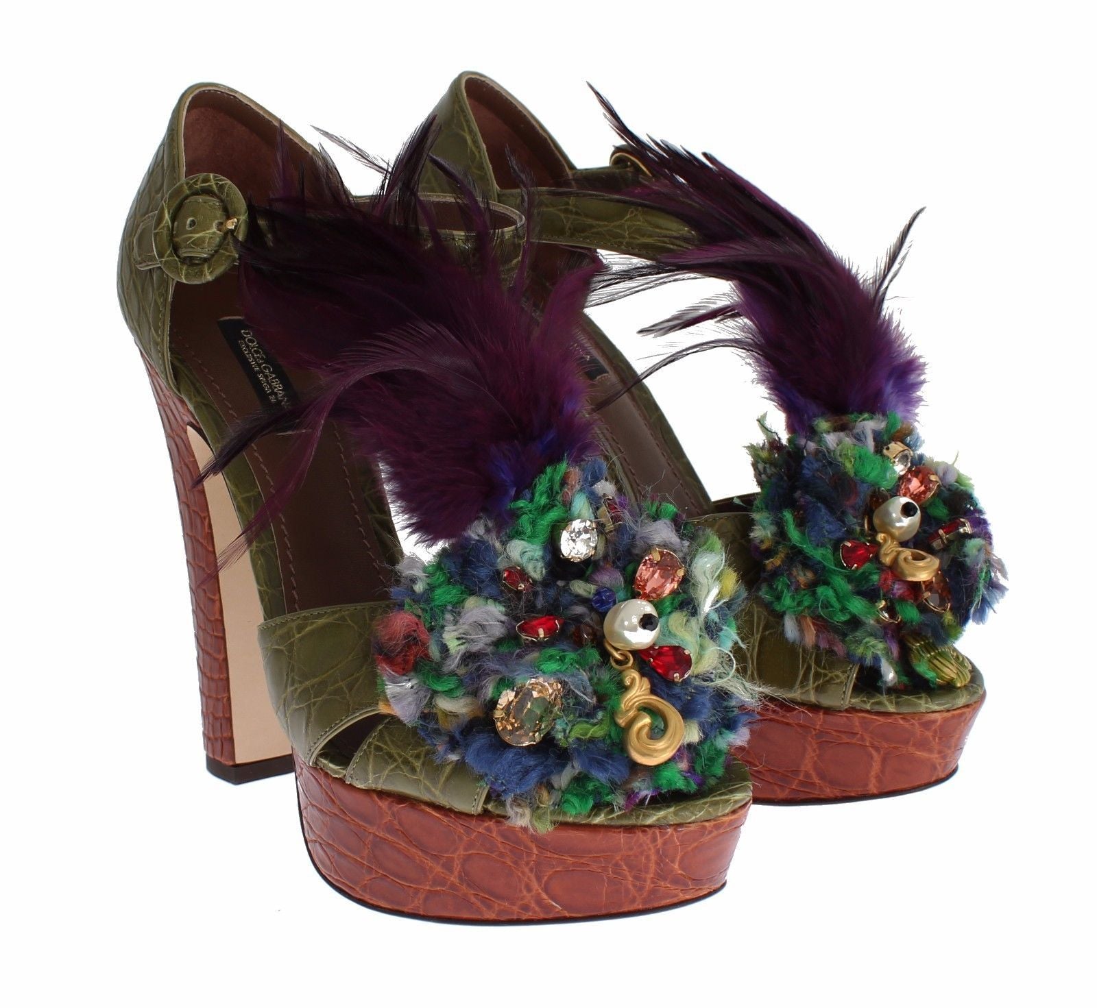 Dolce & Gabbana Green Leather Crystal Platform Sandal Shoes Dolce & Gabbana