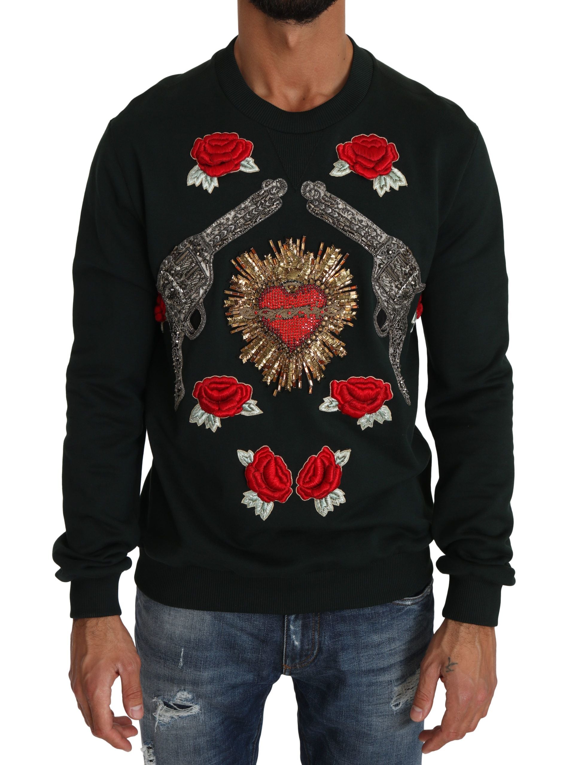 Dolce & Gabbana Green Crystal Heart Roses Gun Sweater Dolce & Gabbana