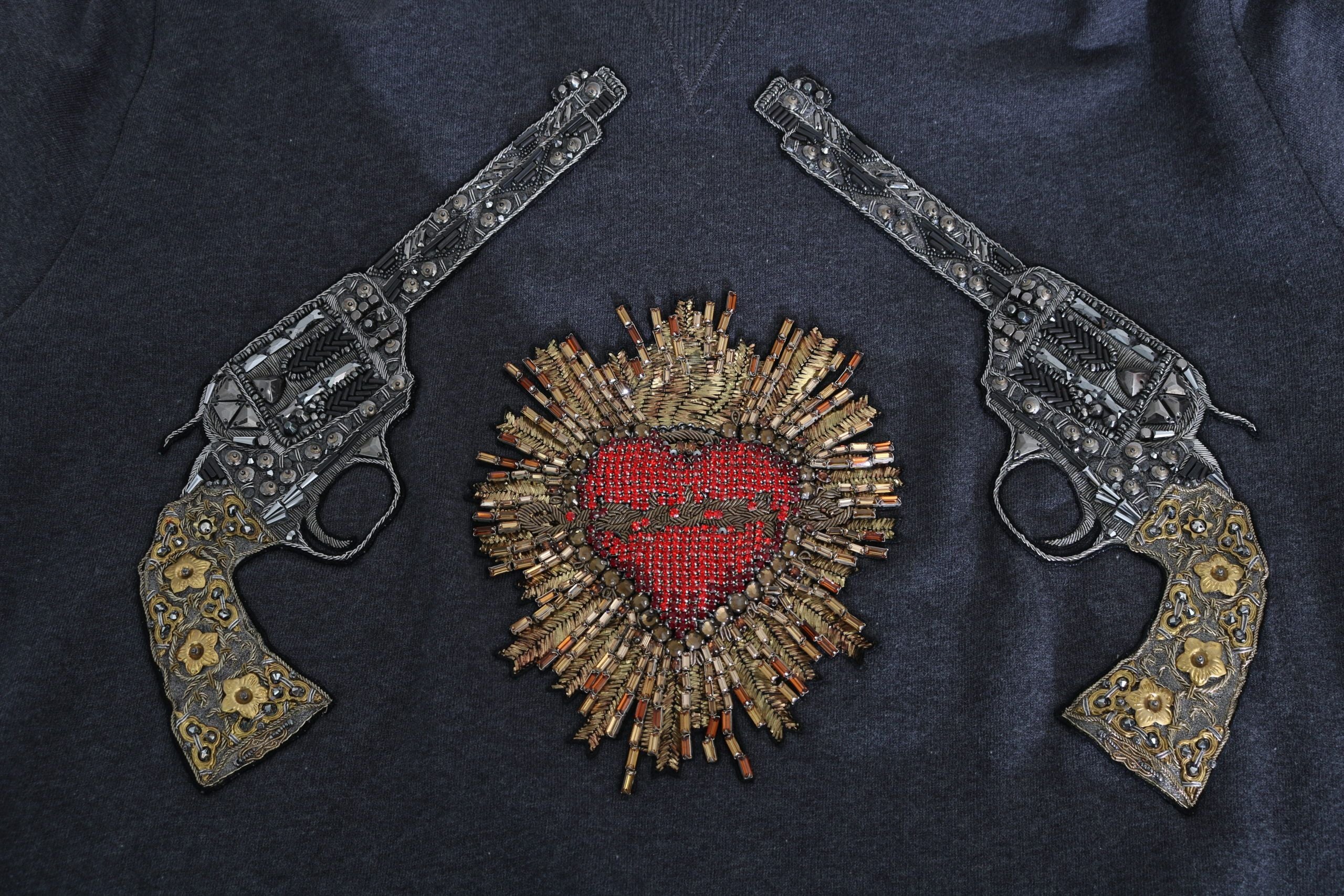 Dolce & Gabbana Gray Hooded Red Crystal Heart Gun Sweater Dolce & Gabbana