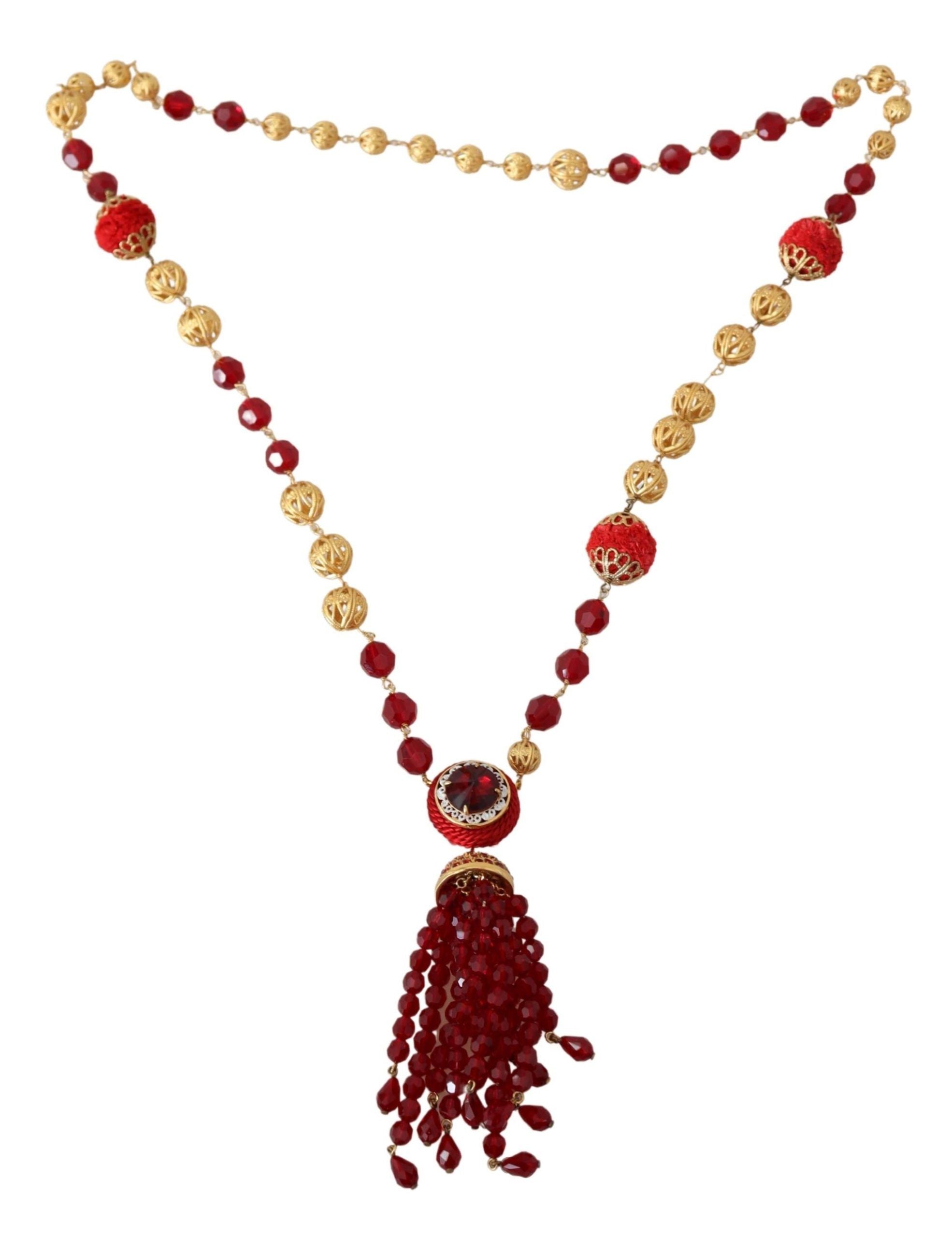 Dolce & Gabbana Gold Tone Brass Red Crystals Pendant Opera Chain  Necklace Dolce & Gabbana