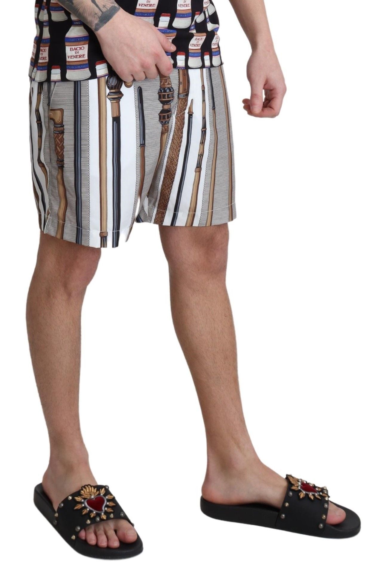 Dolce & Gabbana White Walking Stick Beachwear Shorts Swimshorts Dolce & Gabbana