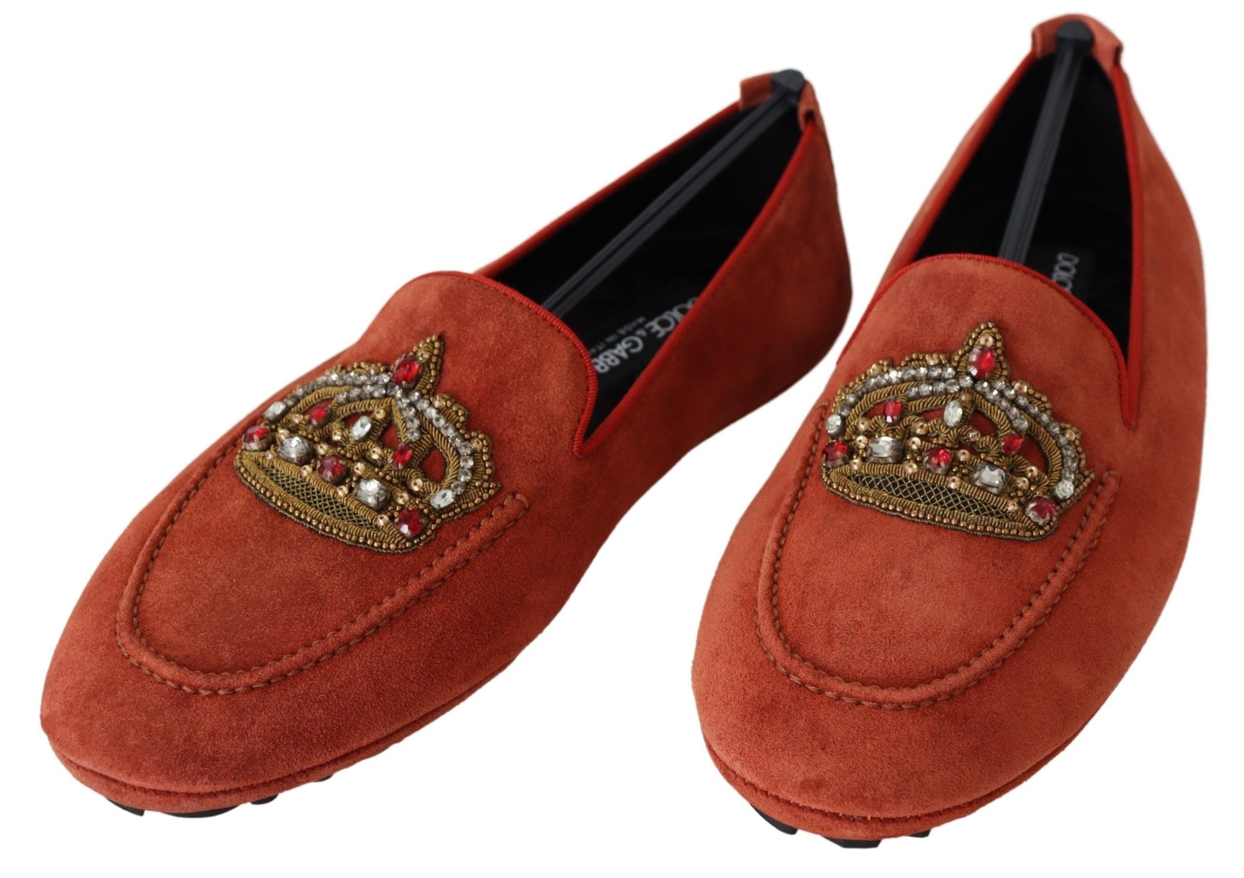 Dolce & Gabbana Orange Leather Crystal Crown  Loafers Shoes Dolce & Gabbana