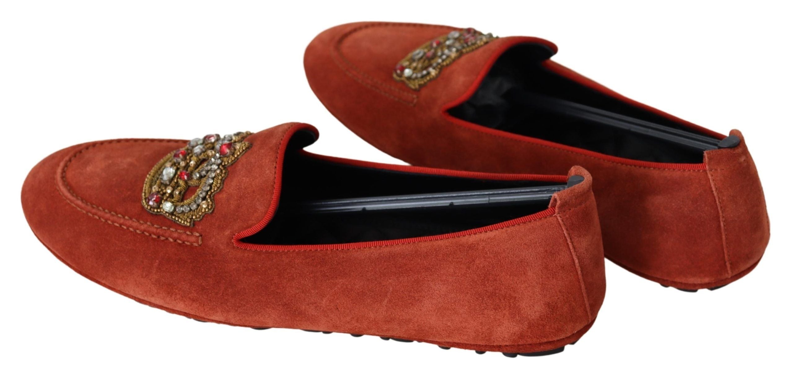 Dolce & Gabbana Orange Leather Crystal Crown  Loafers Shoes Dolce & Gabbana