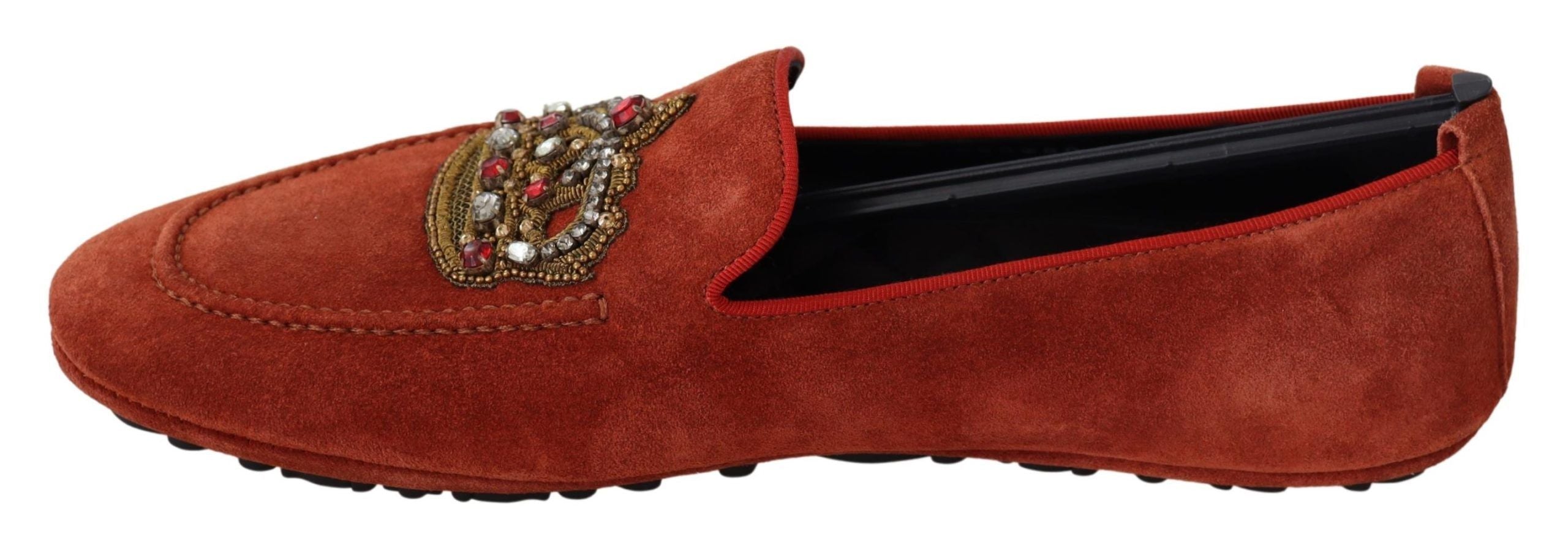 Dolce & Gabbana Orange Leather Crystal Crown  Loafers Shoes Dolce & Gabbana