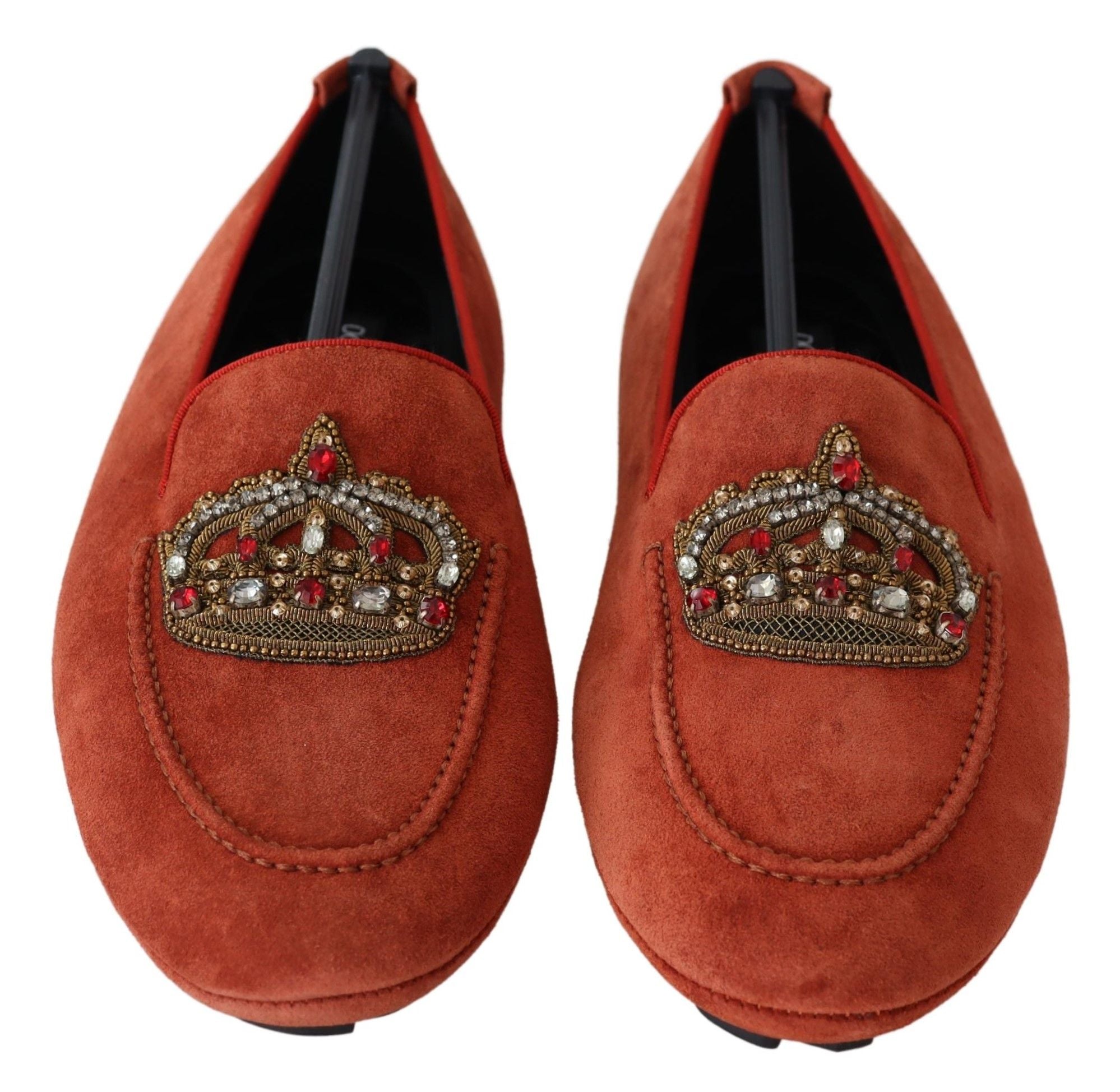 Dolce & Gabbana Orange Leather Crystal Crown  Loafers Shoes Dolce & Gabbana