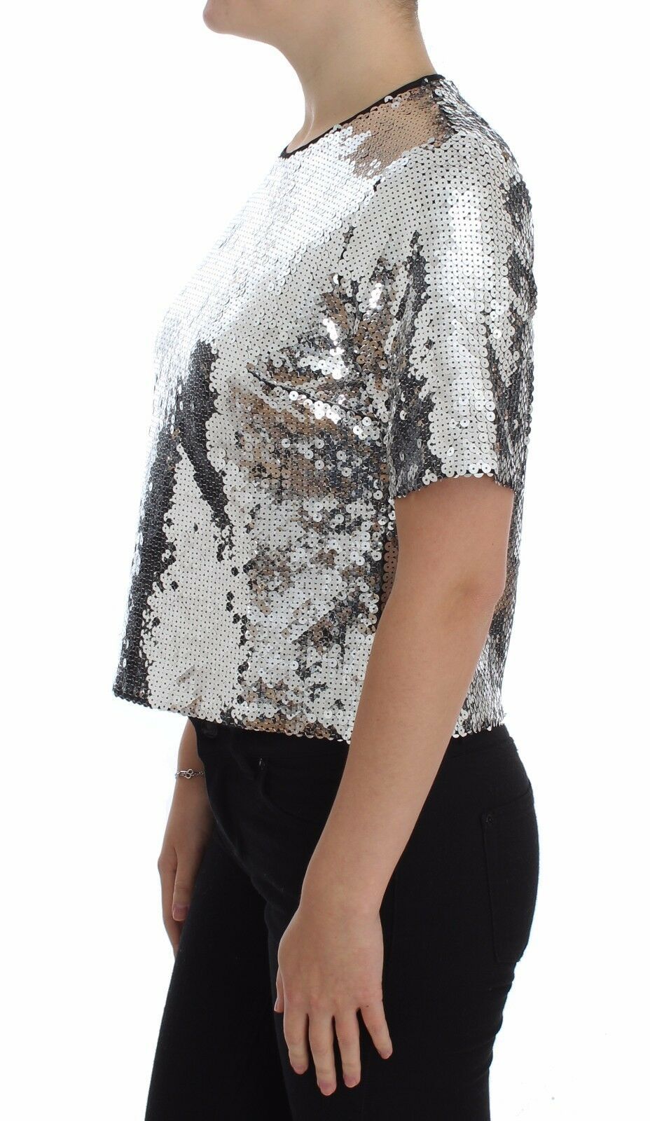 Dolce & Gabbana Silver Sequined Crewneck Blouse T-shirt Top Dolce & Gabbana