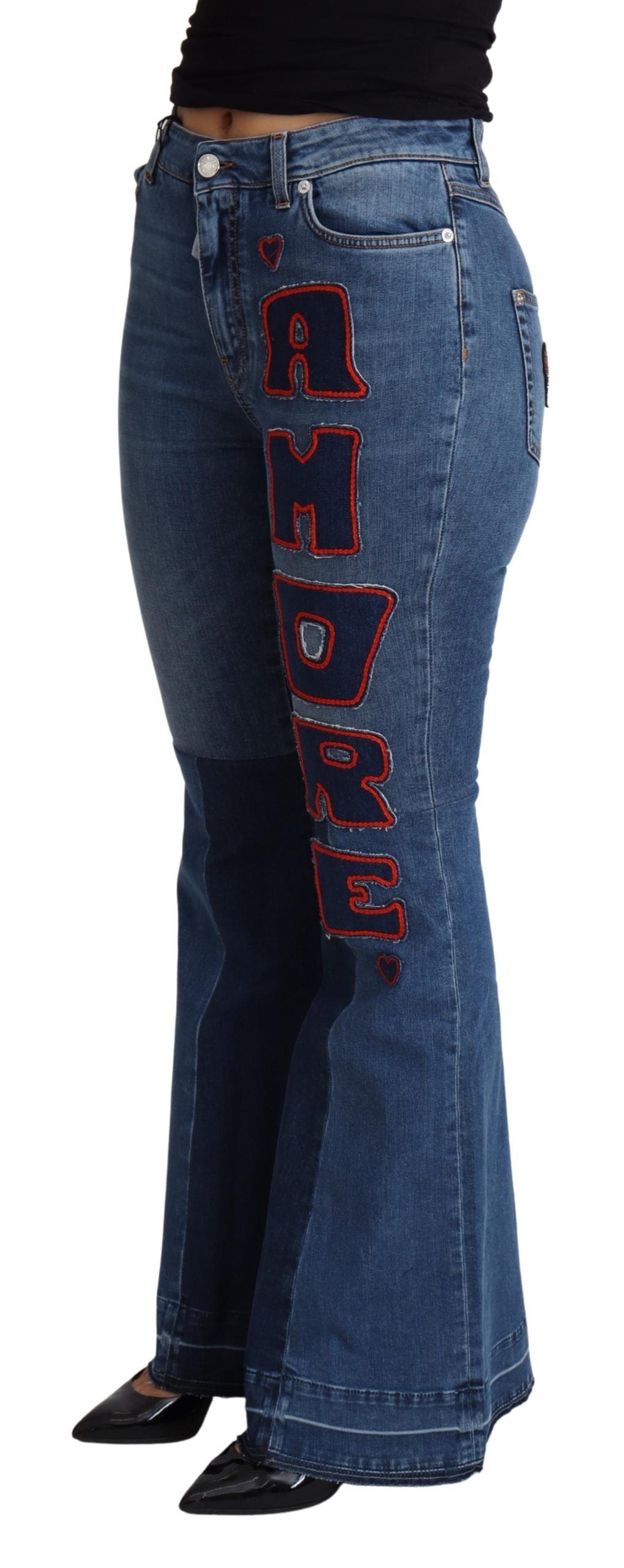Dolce & Gabbana Blue Amore Patch Boot Cut Cotton Stretch Pant Dolce & Gabbana