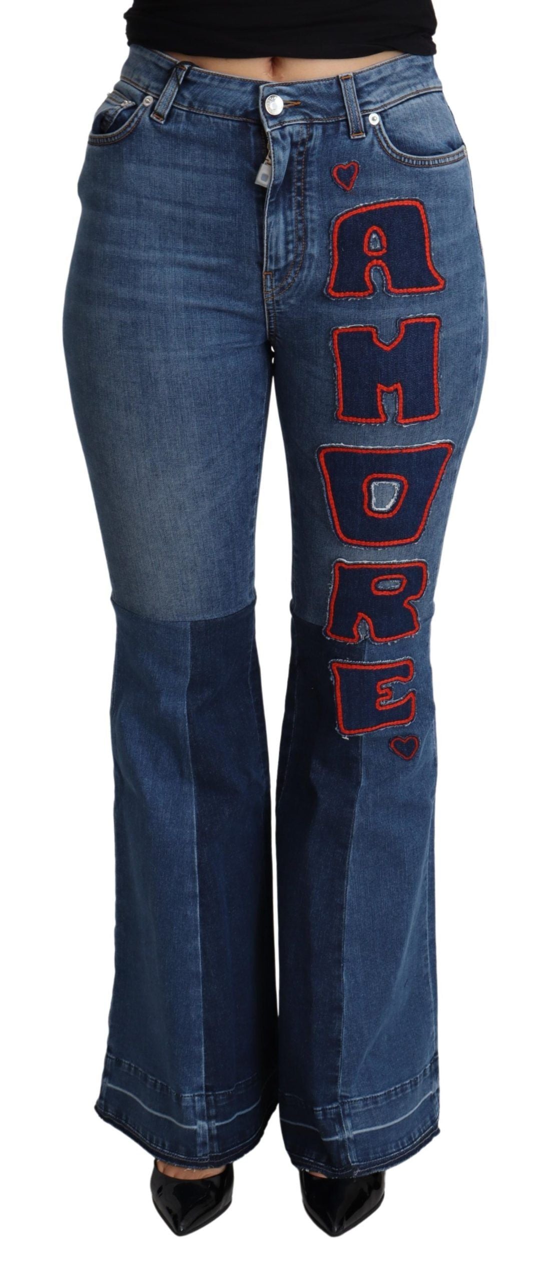 Dolce & Gabbana Blue Amore Patch Boot Cut Cotton Stretch Pant Dolce & Gabbana