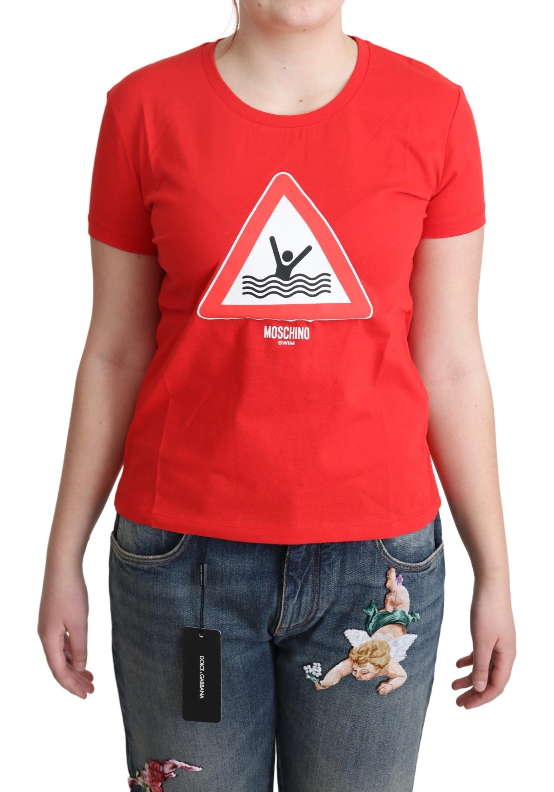 Moschino Red Cotton Swim Graphic Triangle Print  T-shirt Moschino