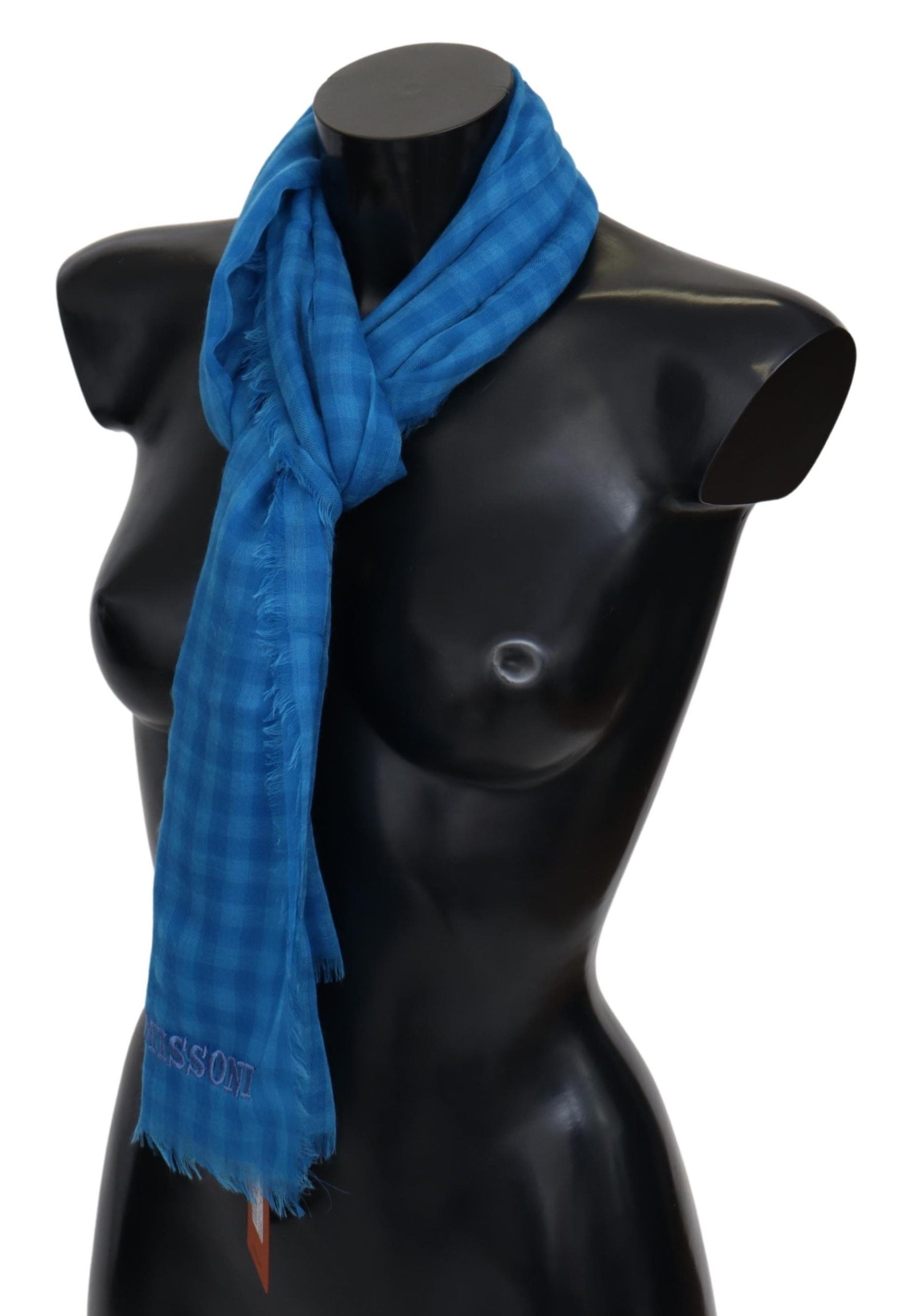 Missoni Blue Checkered Cashmere Unisex Wrap Fringes Scarf Missoni