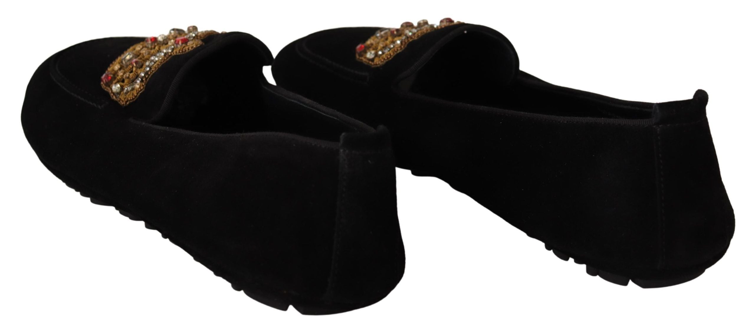 Dolce & Gabbana Black Leather Crystal Gold Crown Loafers Shoes Dolce & Gabbana