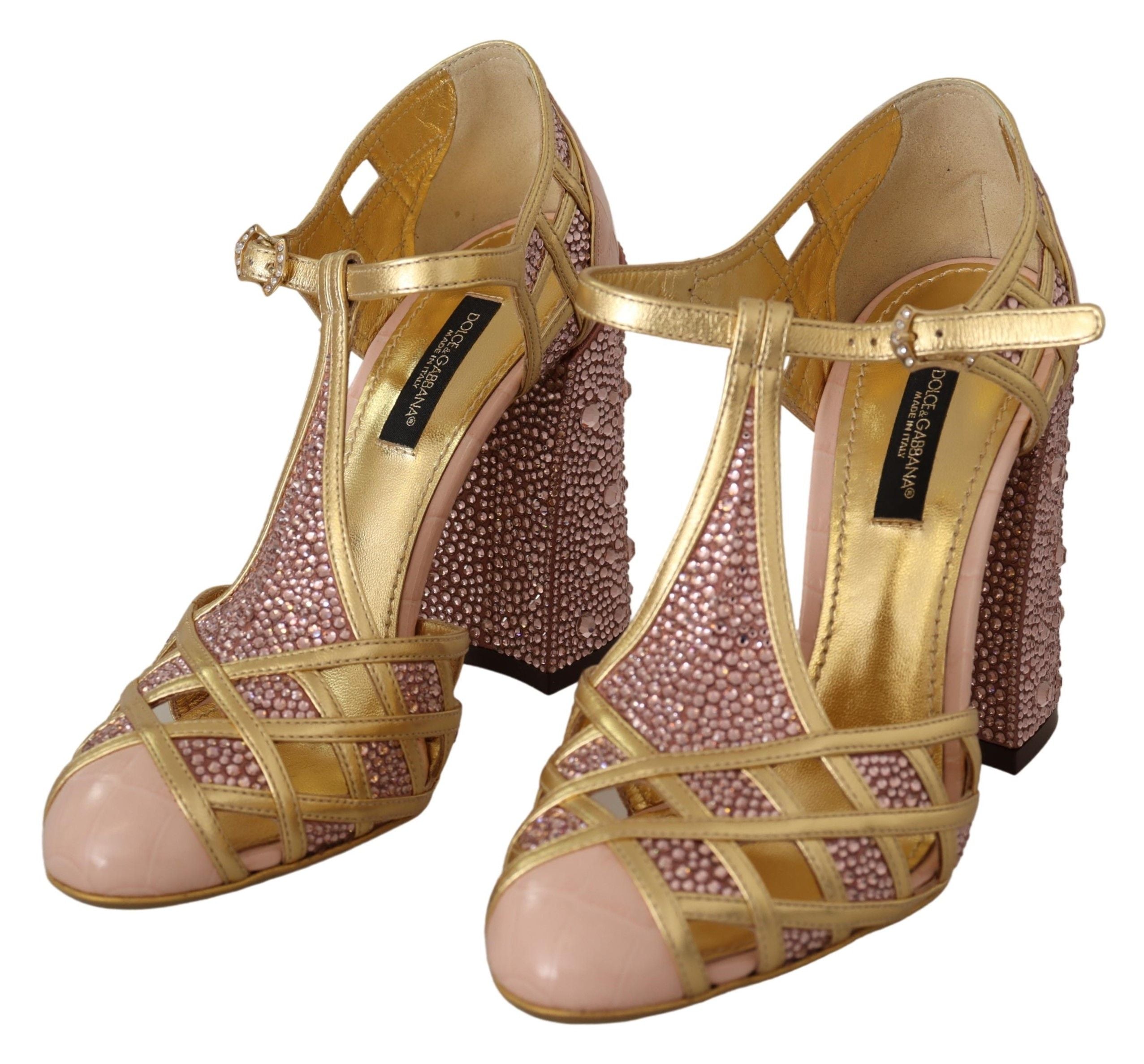 Dolce & Gabbana Pink Gold Leather Crystal Pumps T-strap Shoes Dolce & Gabbana