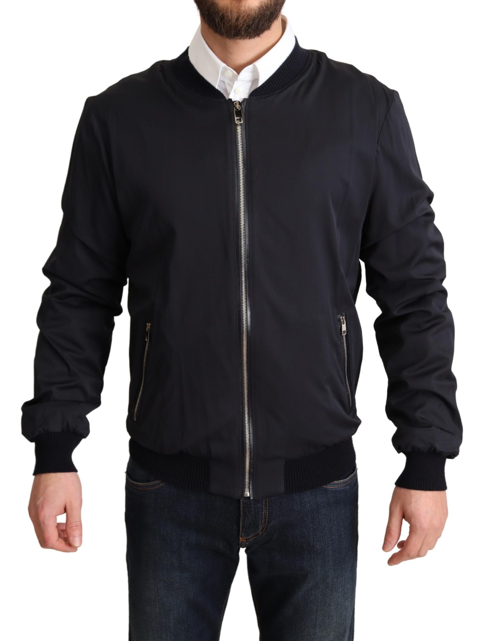 Dolce & Gabbana Blue Silk Coat Short Bomber Men Jacket Dolce & Gabbana