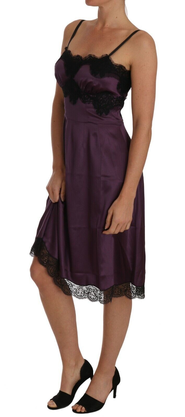 Dolce & Gabbana Purple Silk Stretch Black Lace A-Line Dress Dolce & Gabbana