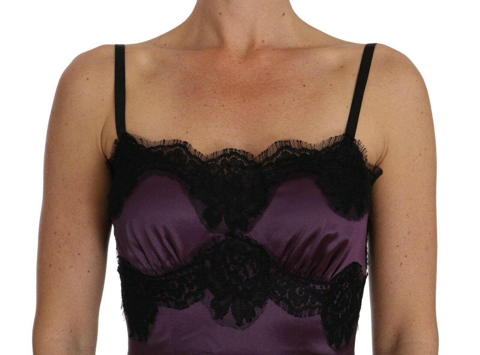 Dolce & Gabbana Purple Silk Stretch Black Lace A-Line Dress Dolce & Gabbana