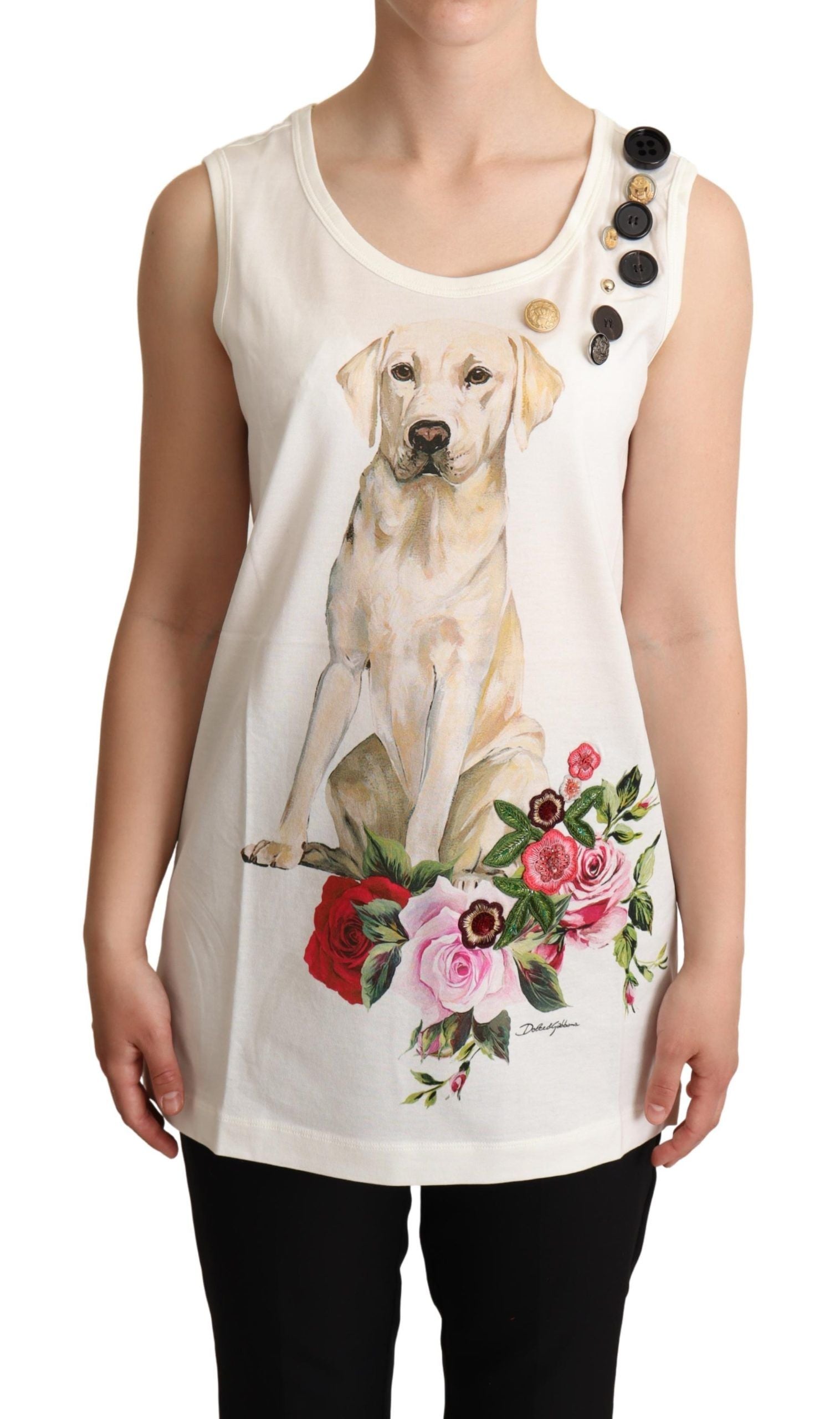 Dolce & Gabbana White Dog Floral Print Embellished  T-shirt Dolce & Gabbana