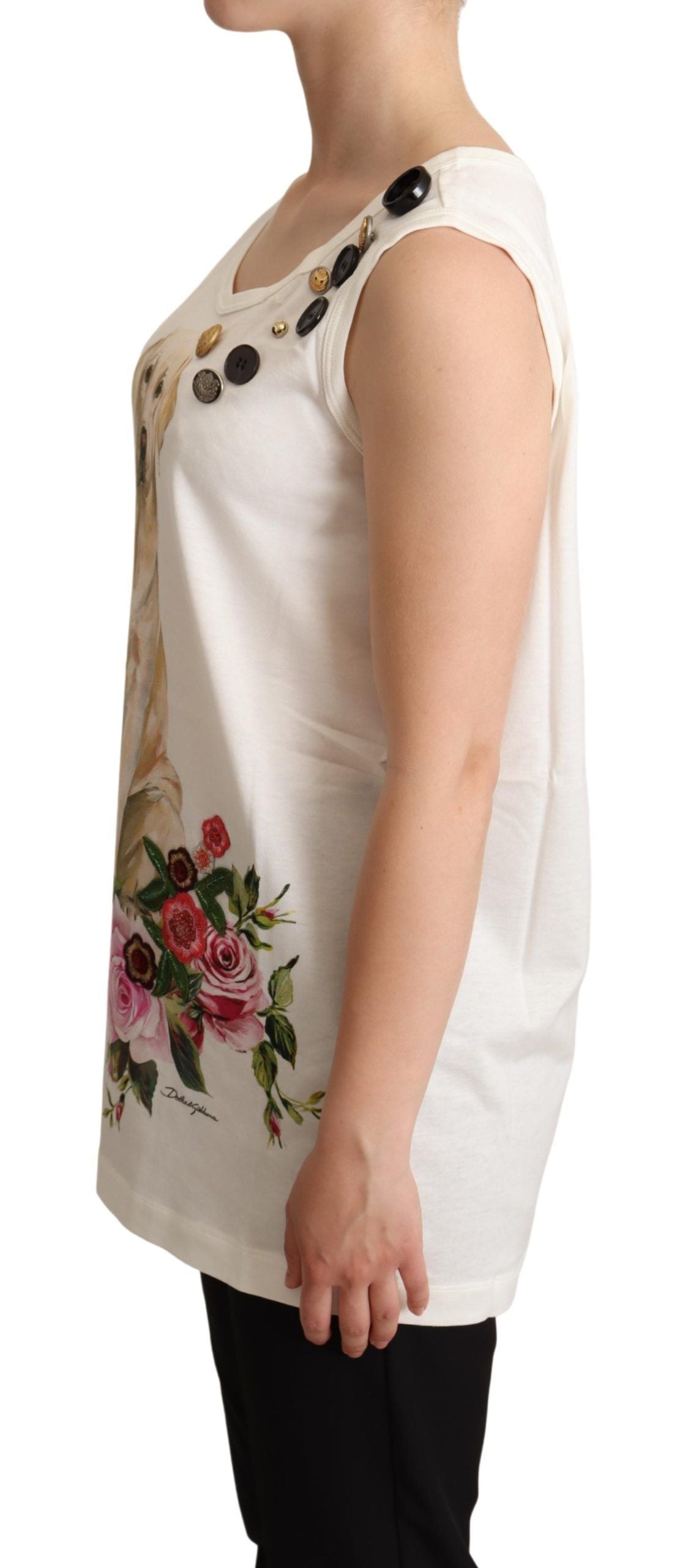 Dolce & Gabbana White Dog Floral Print Embellished  T-shirt Dolce & Gabbana