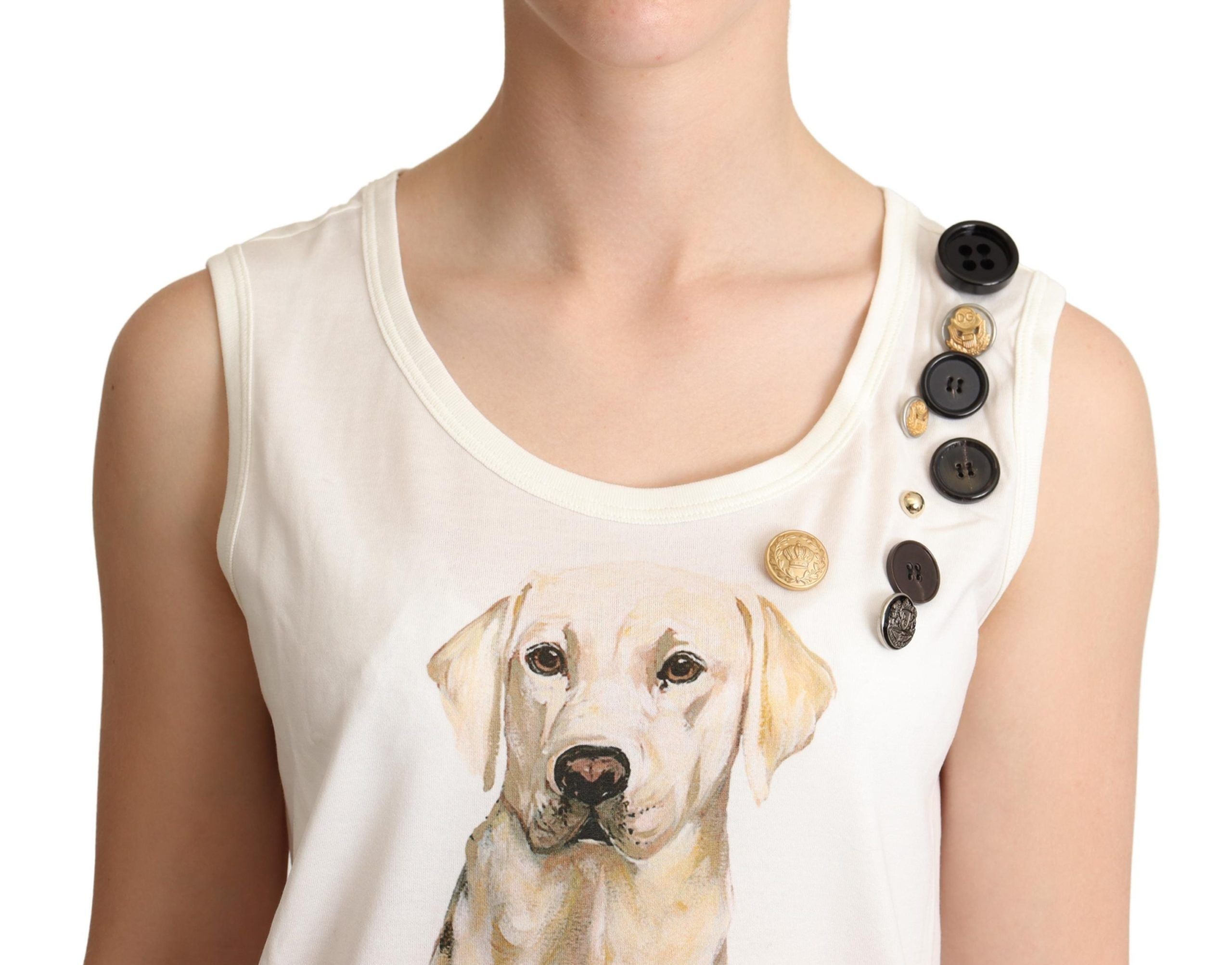 Dolce & Gabbana White Dog Floral Print Embellished  T-shirt Dolce & Gabbana