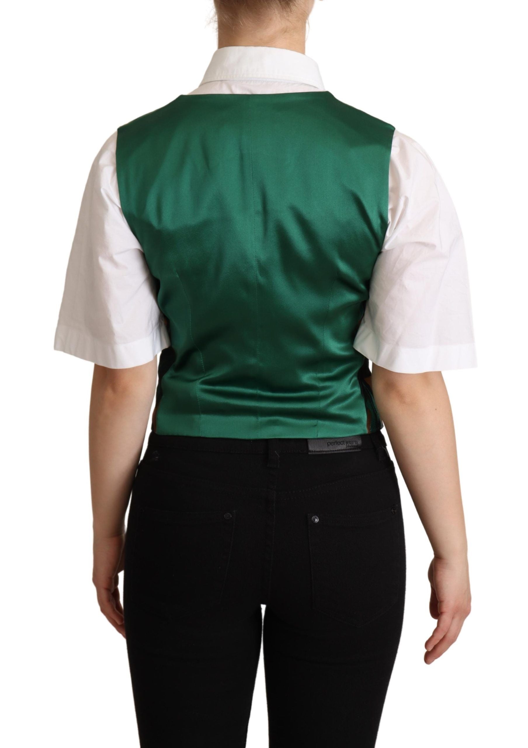 Dolce & Gabbana Green Jacquard Leaf Gold Waistcoat Vest Dolce & Gabbana