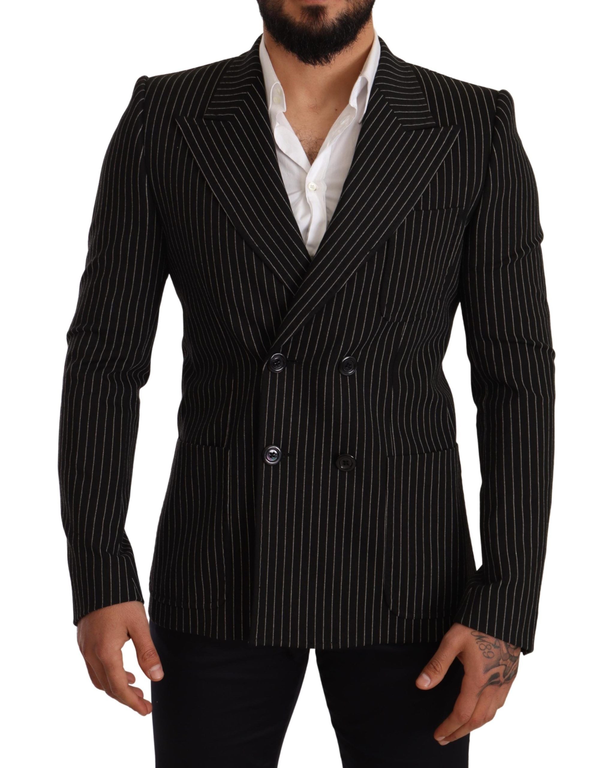 Dolce & Gabbana Black White Striped Slim Fit Coat Blazer Dolce & Gabbana