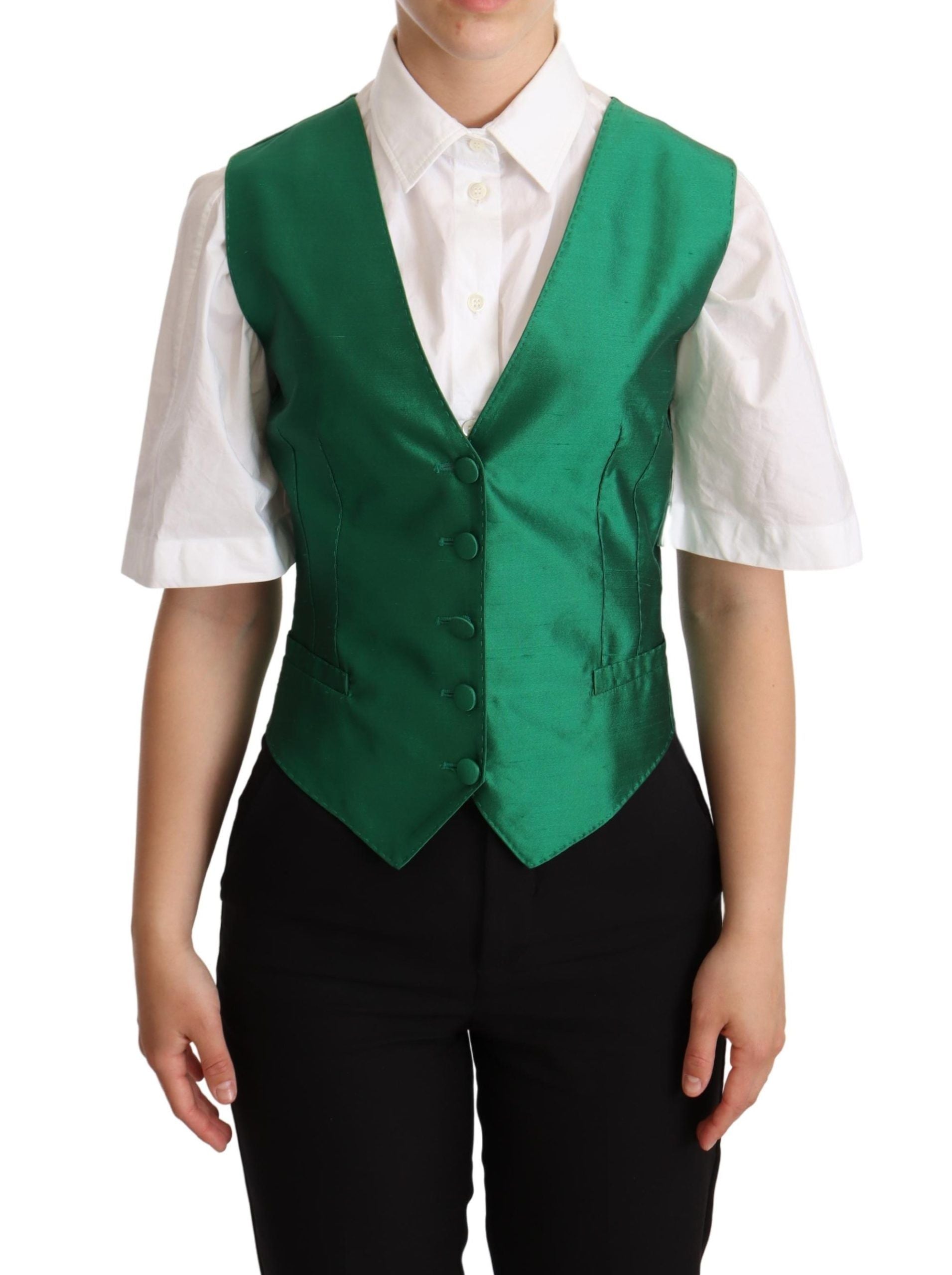 Dolce & Gabbana Green Silk Satin Sleeveless Waistcoat Vest Dolce & Gabbana