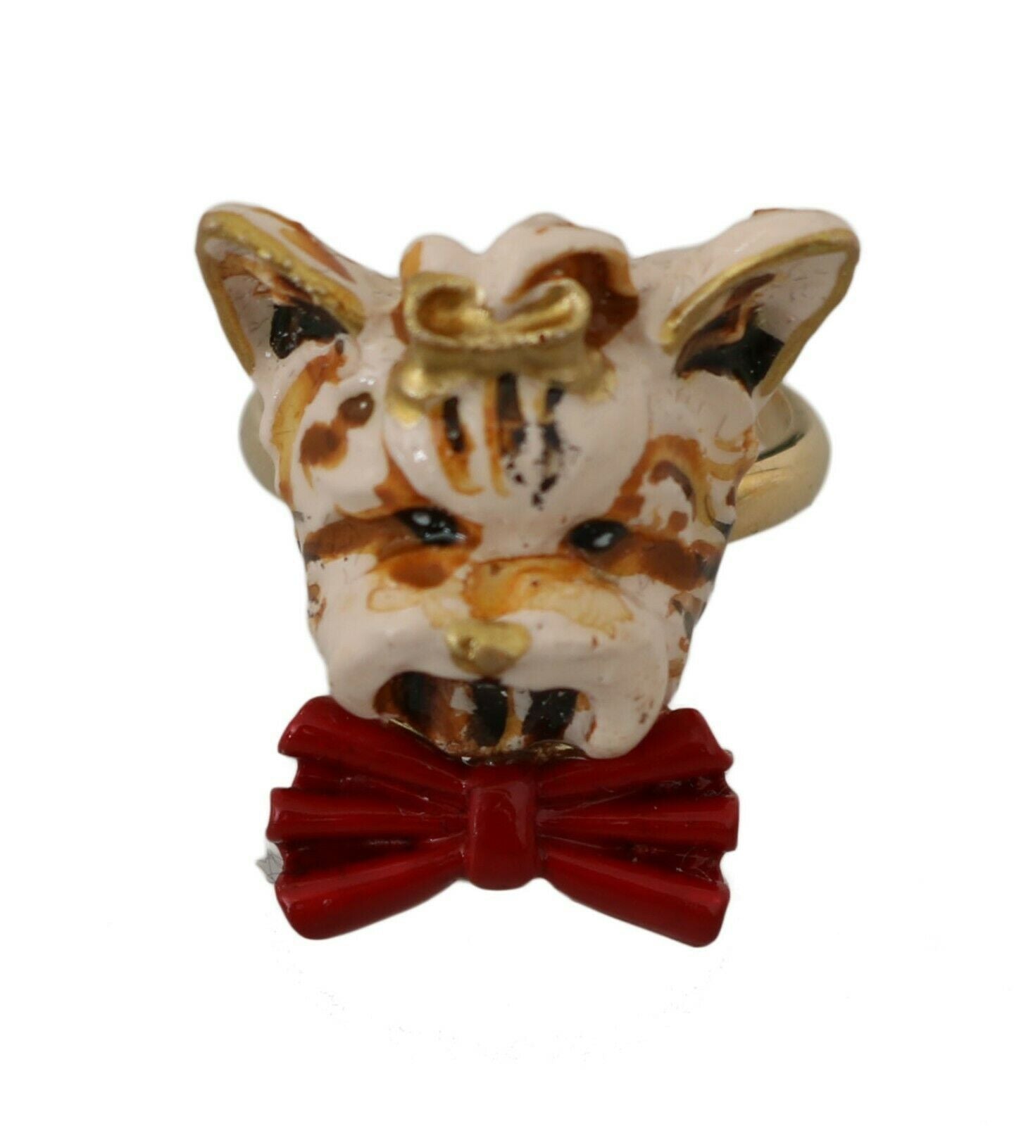 Dolce & Gabbana Gold Brass Resin Beige Dog Pet Branded Accessory Ring Dolce & Gabbana