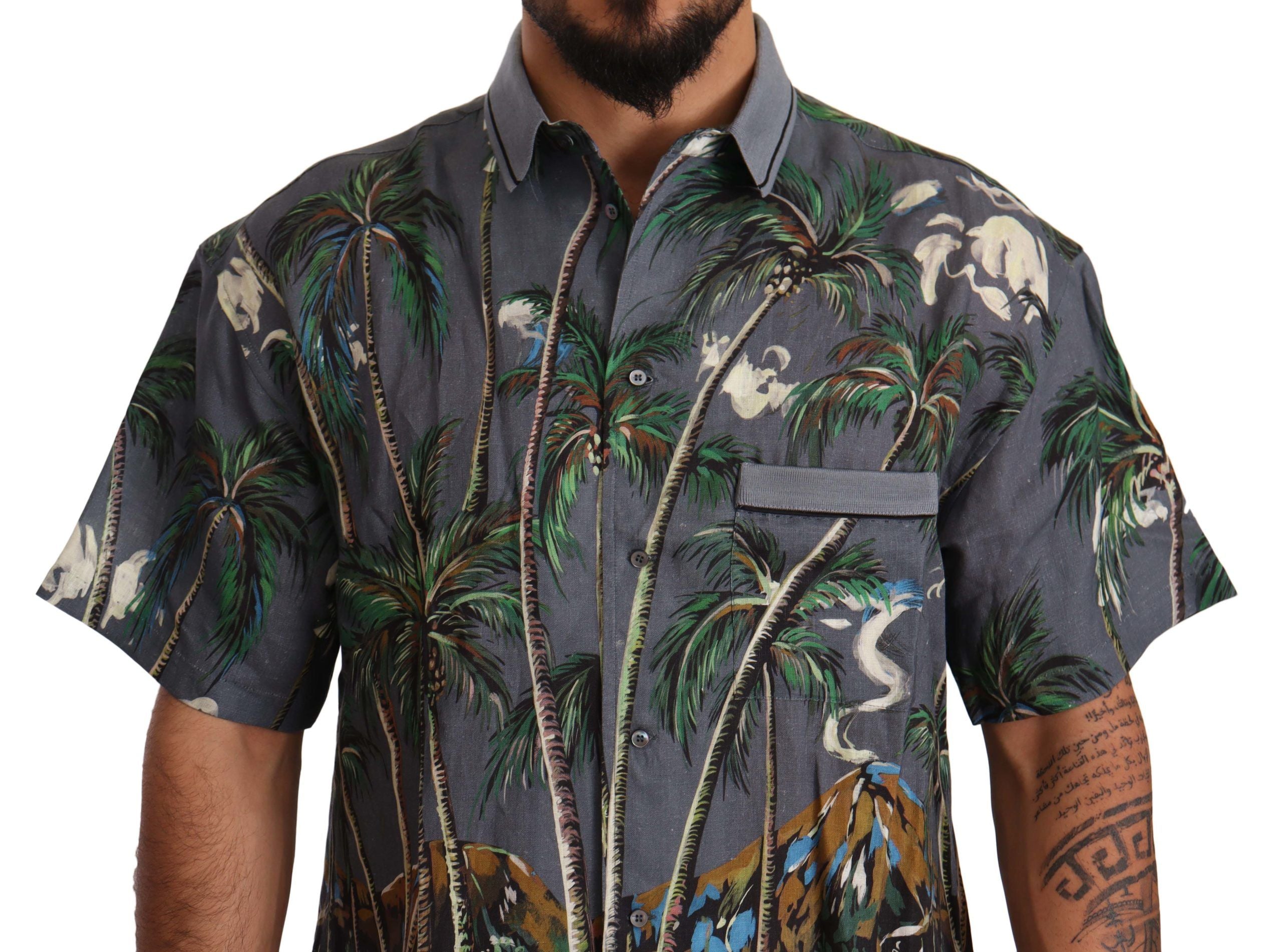 Dolce & Gabbana Gray Linen Tropical Print Collared Shirt Dolce & Gabbana