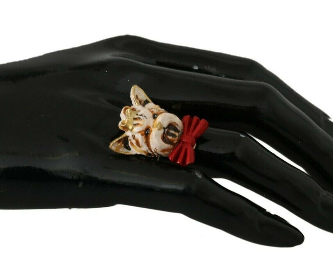 Dolce & Gabbana Beige Dog Pet Branded Accessory Gold Brass Resin Ring Dolce & Gabbana